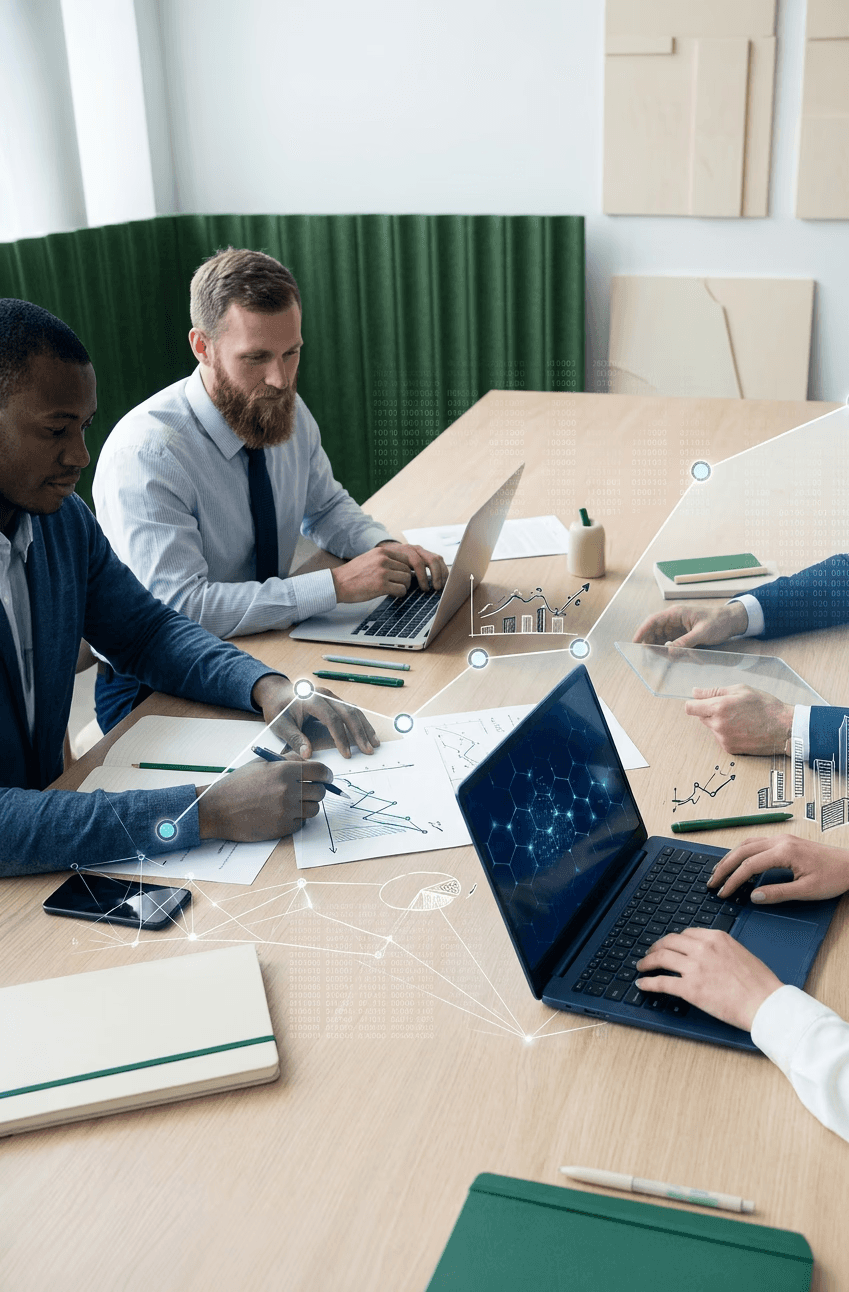 a group of people sitting around a table with laptops