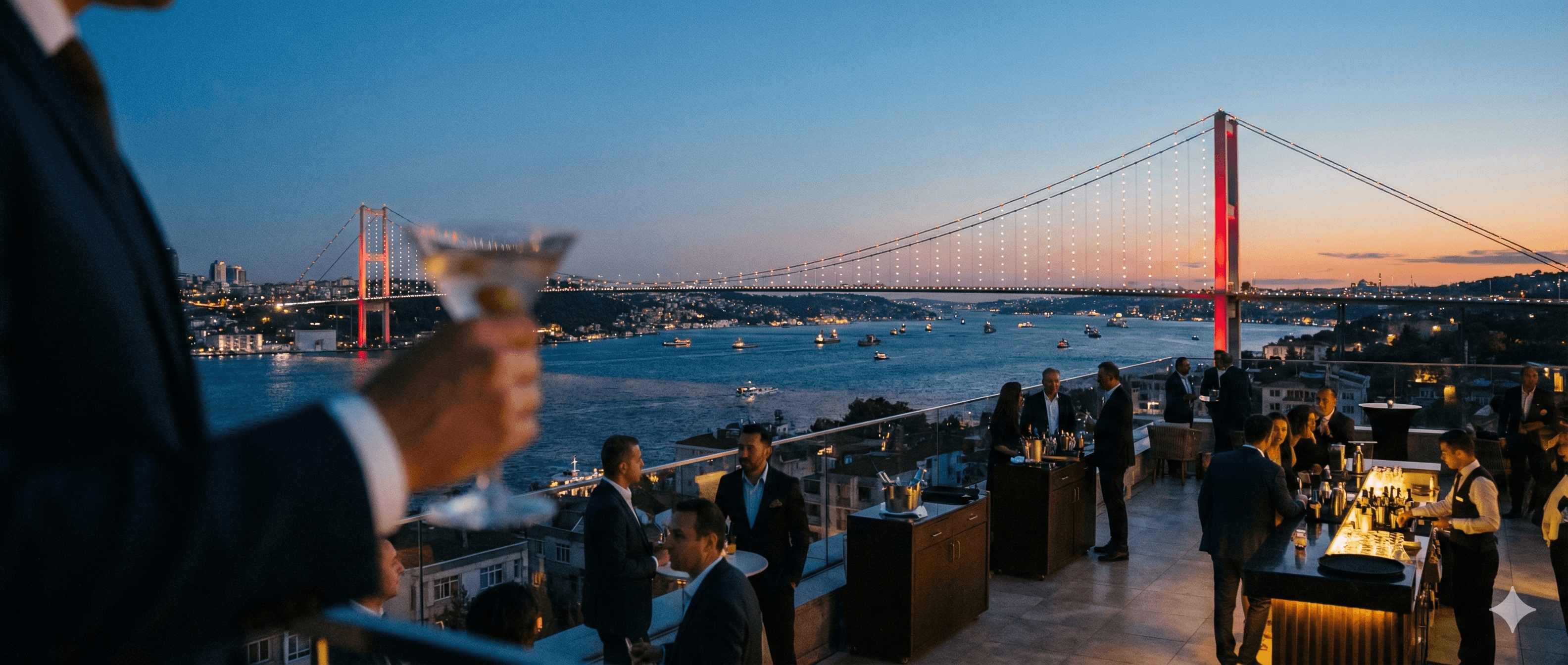 Istanbul Bosphorus skyline at sunset with corporate event