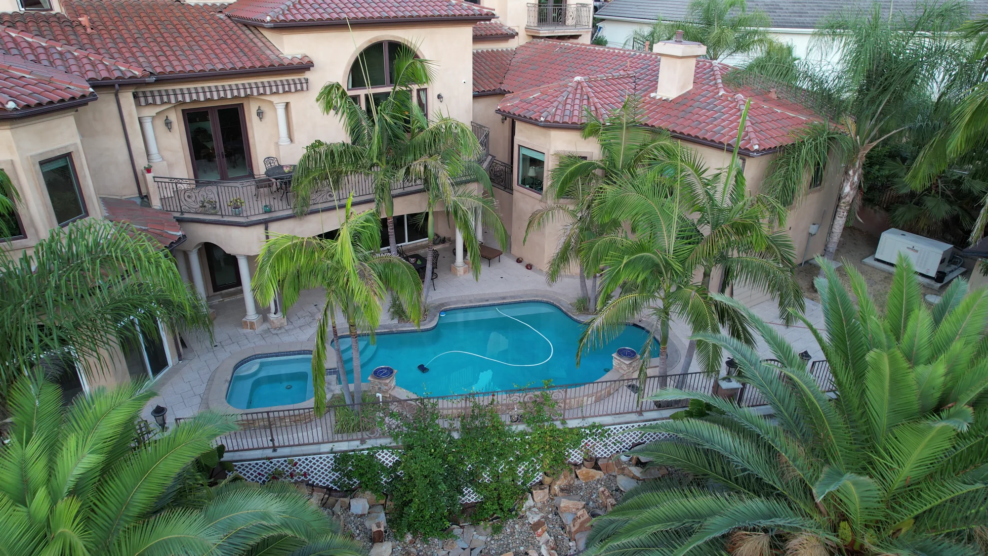 Curved swimming pool and paved terrace beside a red-roofed home and tall palm trees.