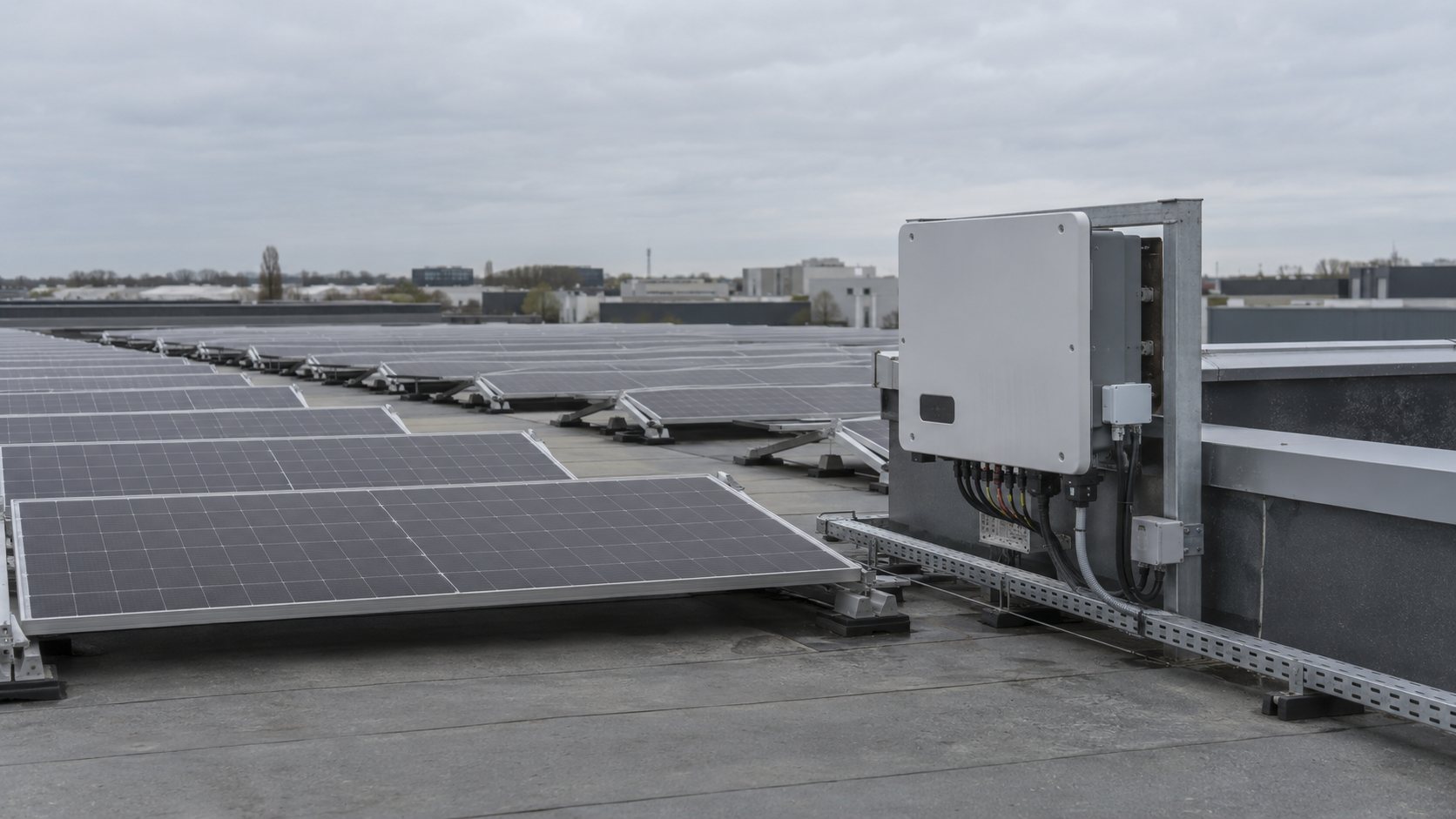 Zonnepanelen op het platte dak van een bedrijfshal, laag over de rijen gefotografeerd, met rechts op de voorgrond een omvormer met kabelgoten en in de verte de daken van andere bedrijfspanden onder een bewolkte lucht