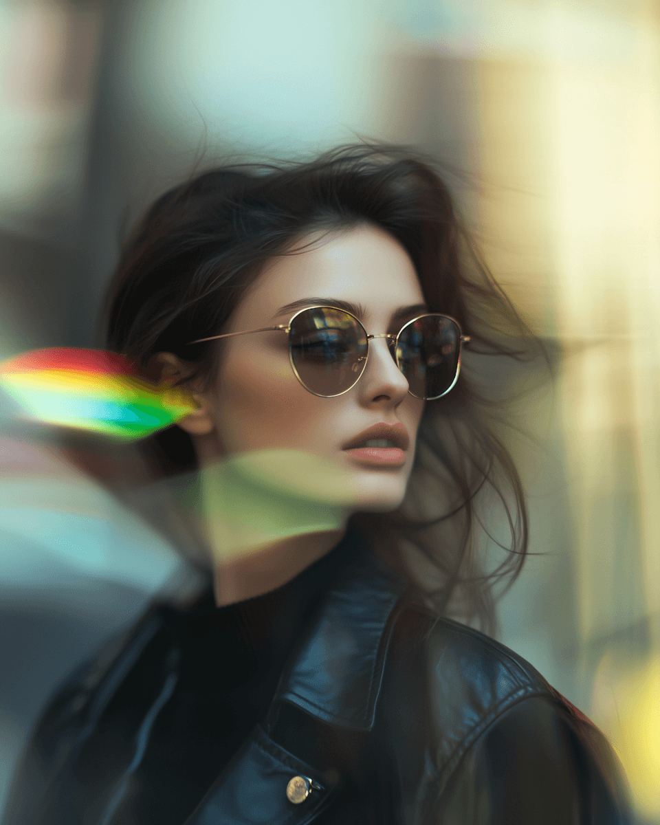 Profile of a woman wearing sunglasses with a colorful light prism effect.