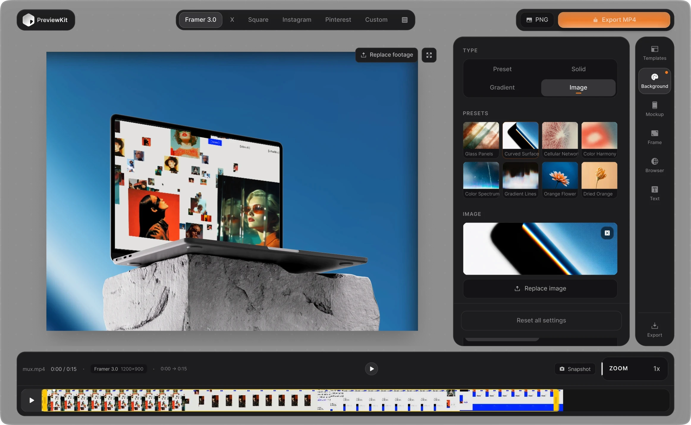 PreviewKit editor showing a MacBook mockup scene with the background panel open