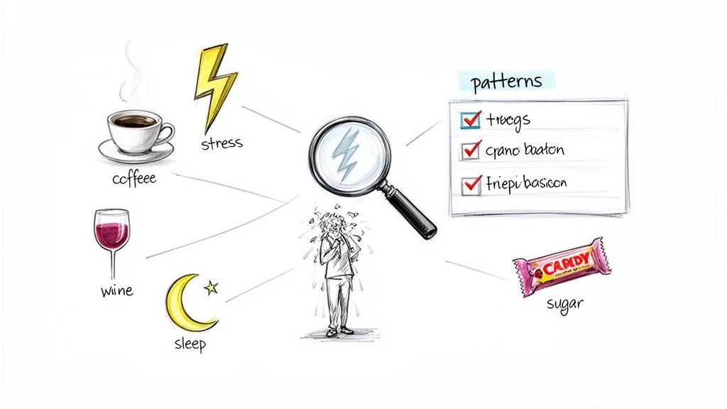 Illustration of lifestyle factors (coffee, stress, wine, sleep, sugar) and symptoms (patterns) affecting a person experiencing discomfort.