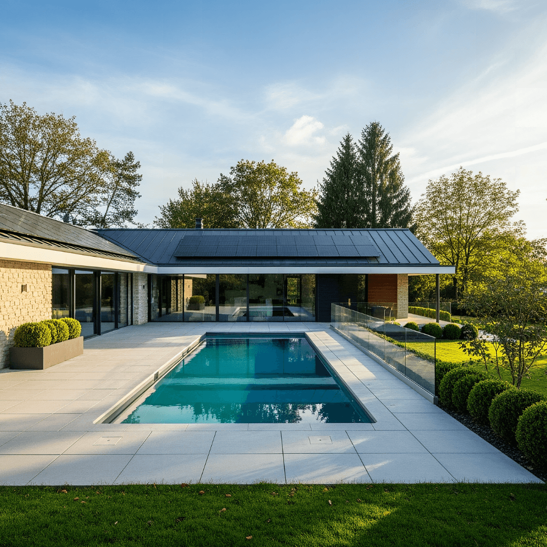 photo d'une maison avec des panneaux solaires et une piscine