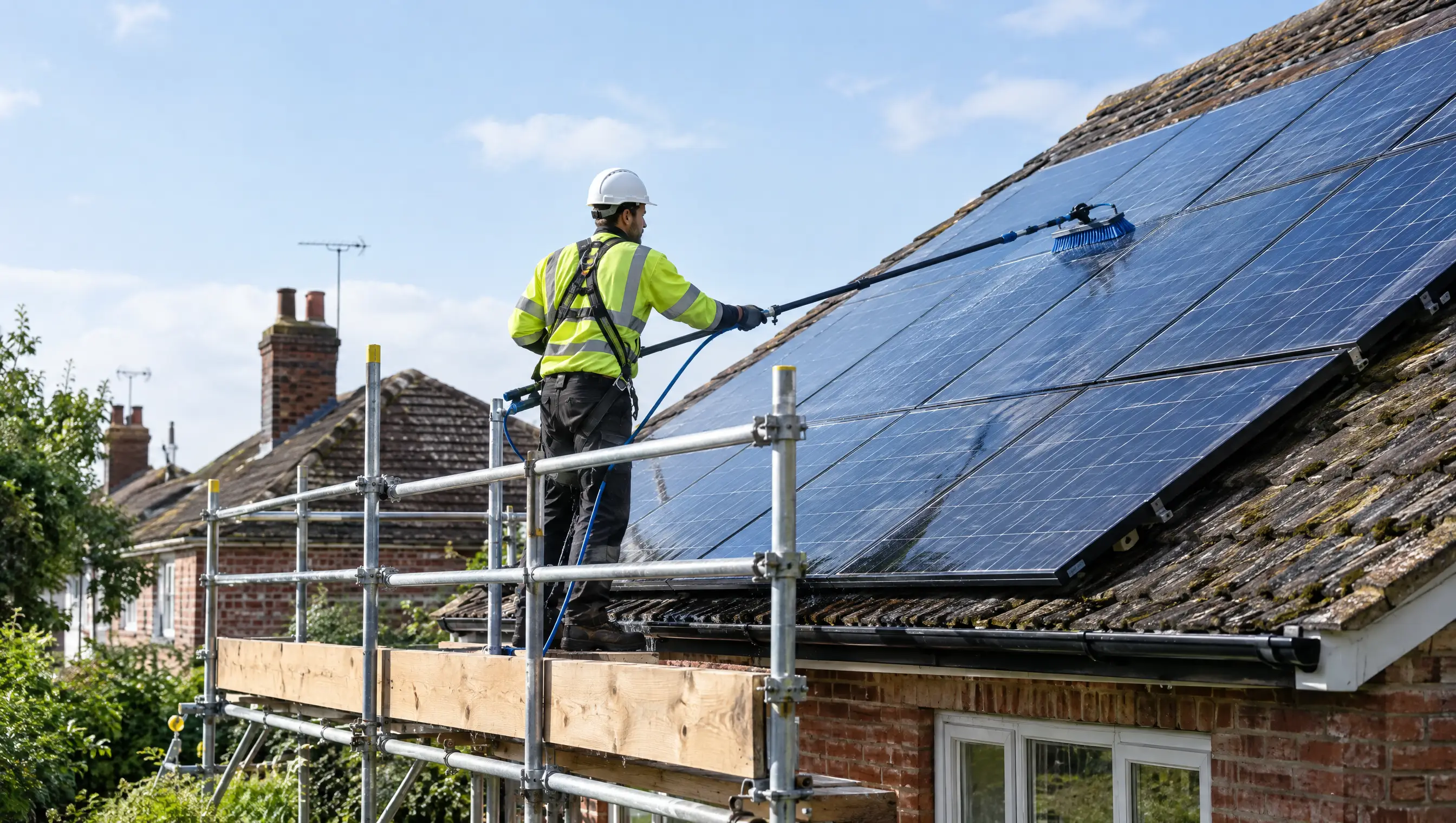 A technician cleaning and inspecting a rooftop solar array from a scaffold