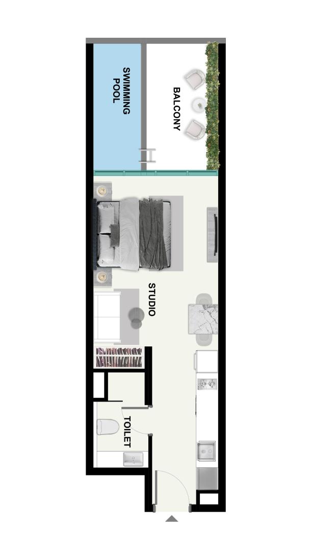Floor plan of a studioat samana park meadows apartment featuring a bedroom area, kitchen, toilet, and access to a balcony with a swimming pool.