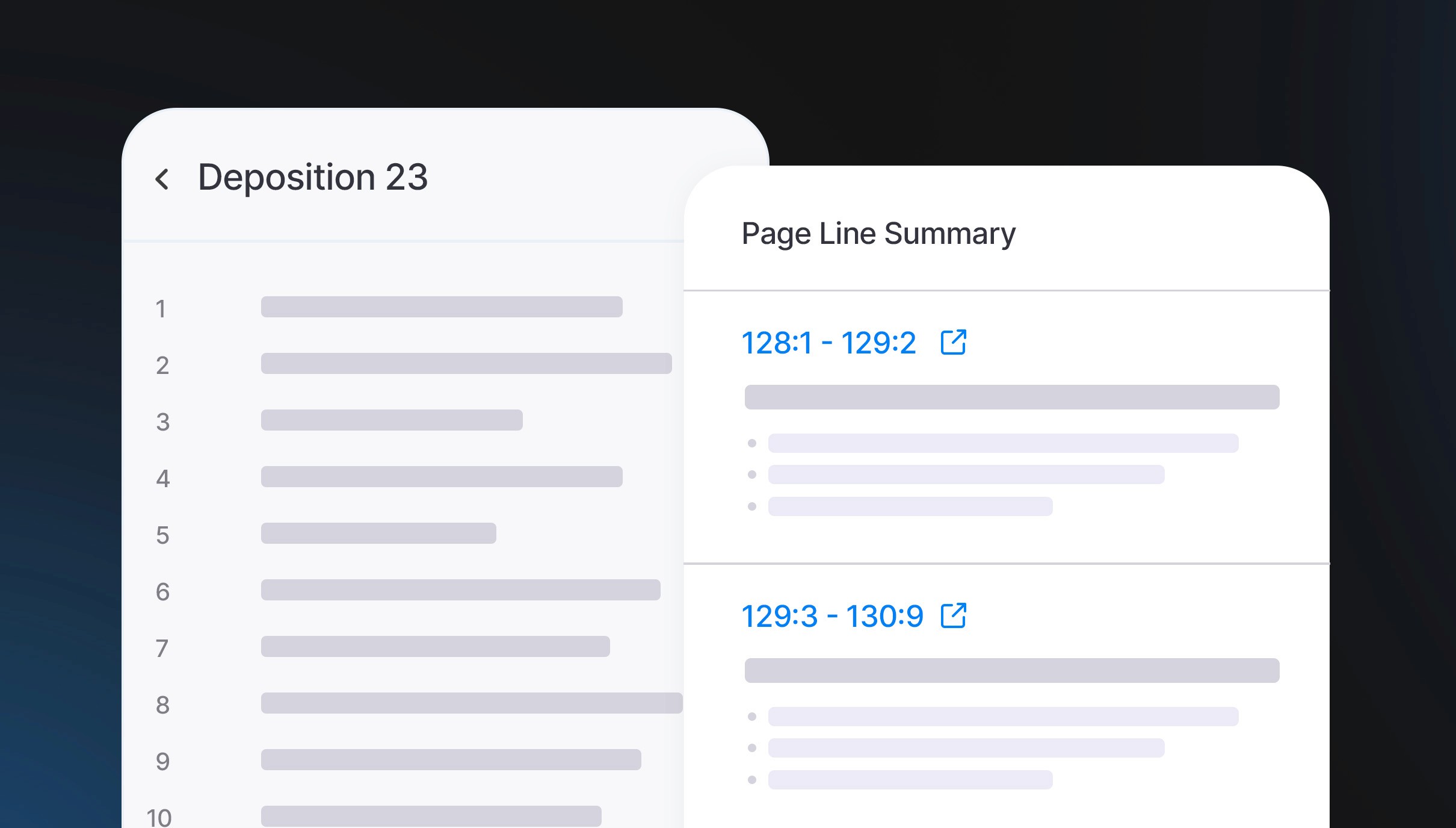 Case analysis view generating chronologies, page-line summaries, and cohesive key admissions with exact citations