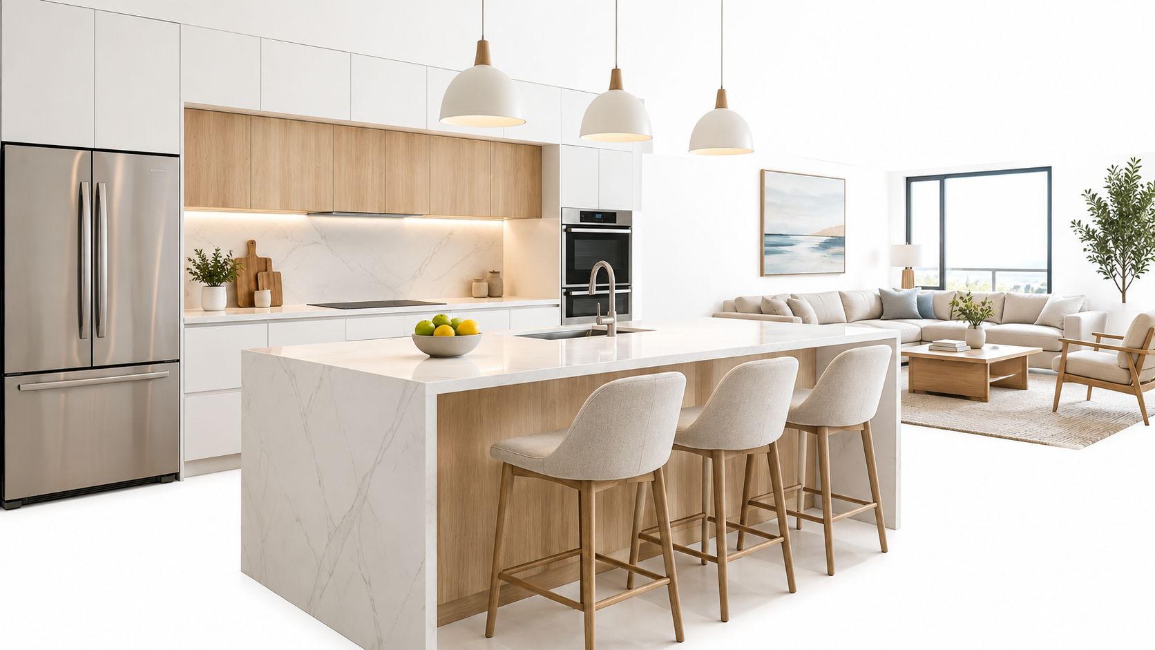 A modern, bright modular kitchen featuring a white stone island, wooden accents, stainless steel appliances, and seating.