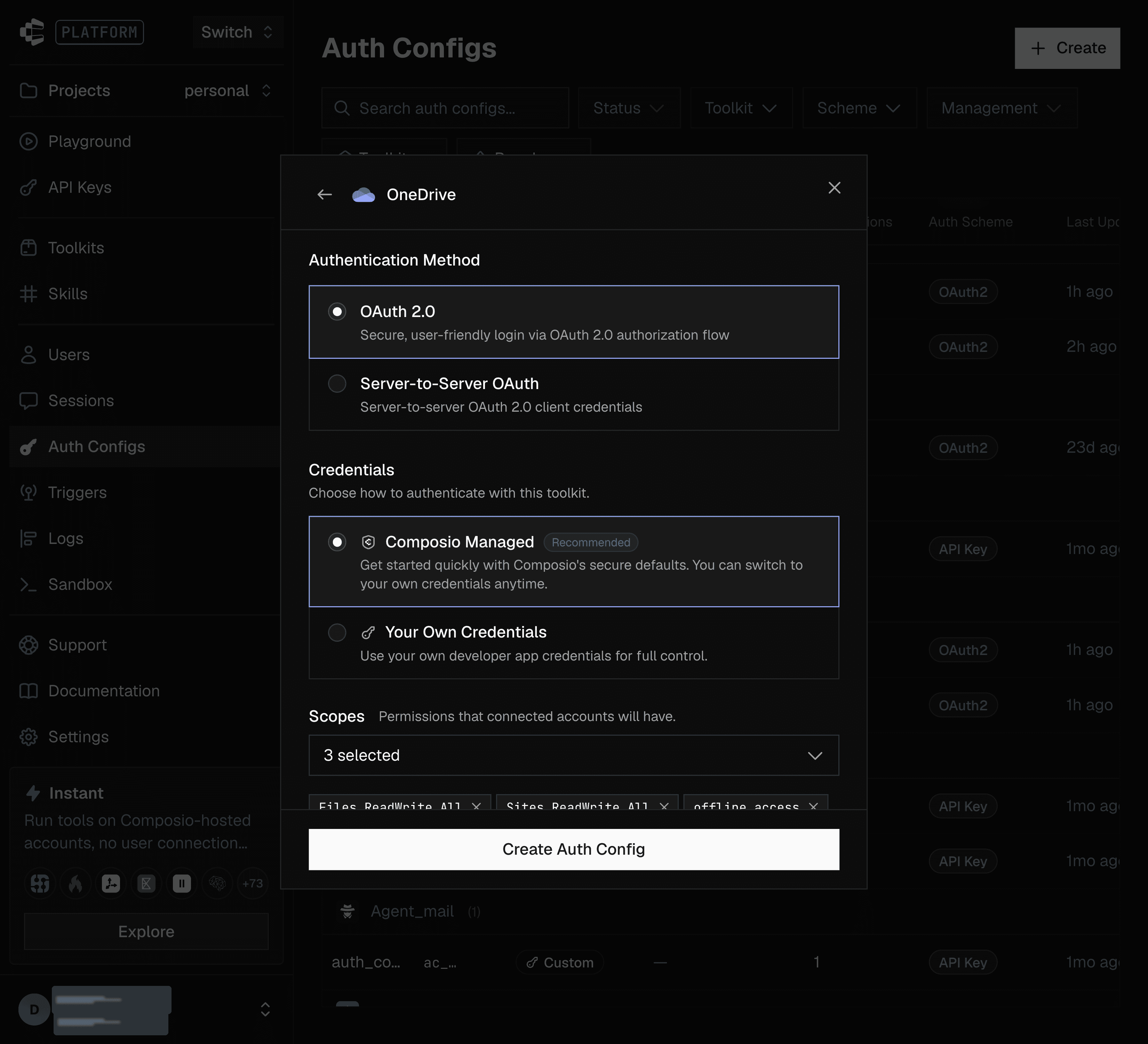 OAuth 2.0 and Composio Managed selected in the OneDrive auth config form