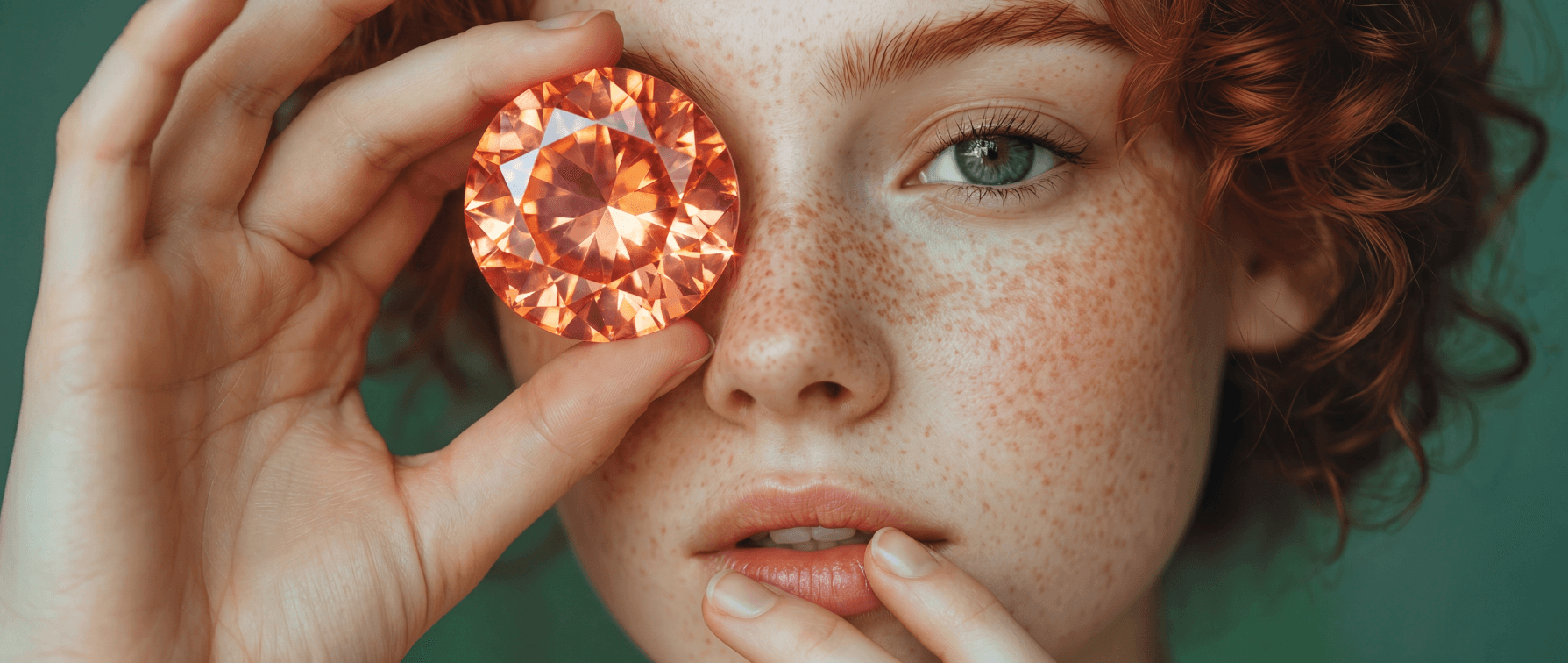 Woman holding a huge round lab grown spinel orange faceted.