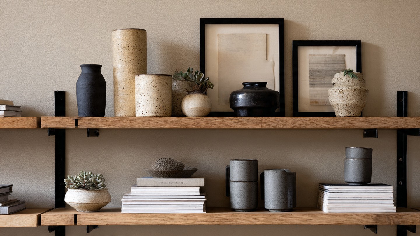 Wooden shelves adorned with neutral-toned pottery, framed abstract art, and stacked books. The minimalist decor includes succulents, creating a calm, earthy ambiance.