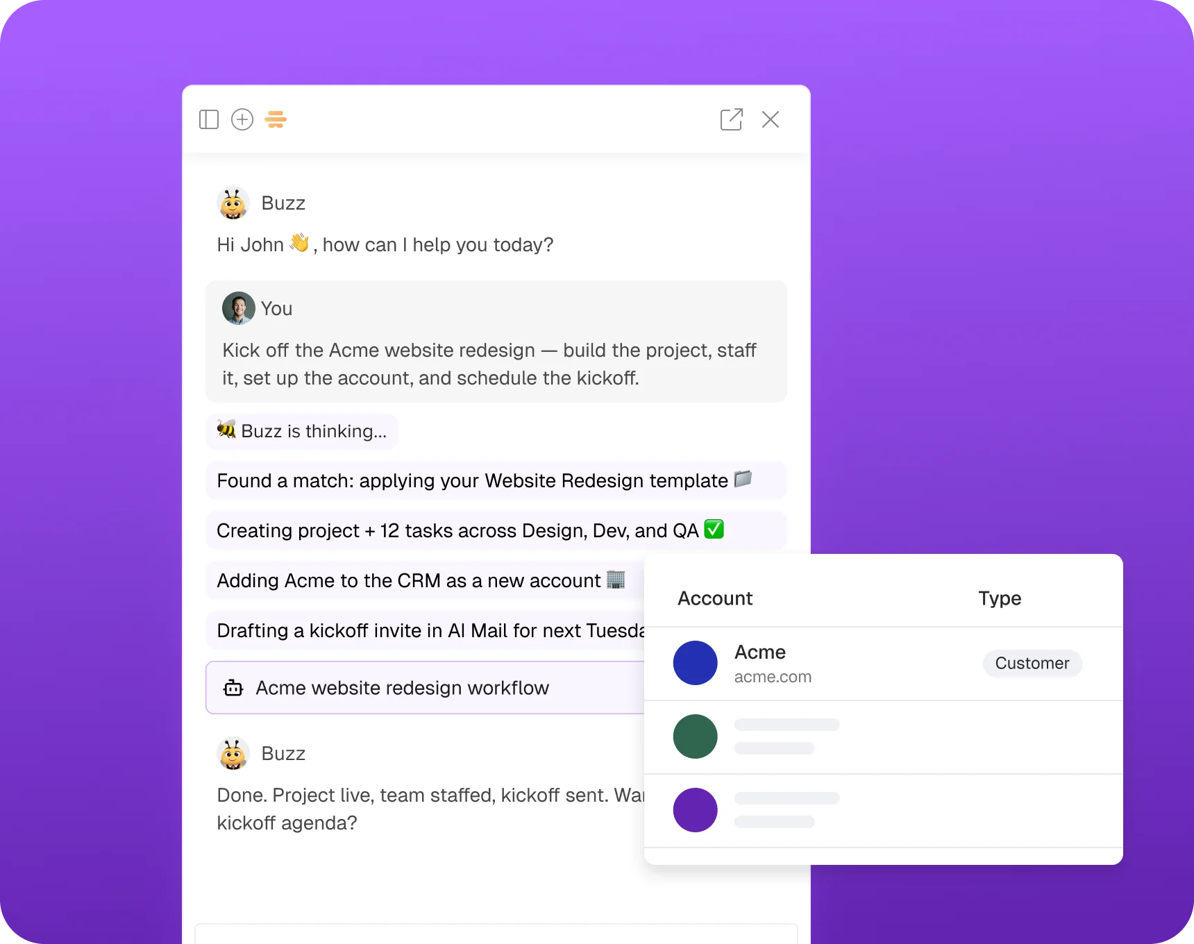Buzz workflows for project kickoff