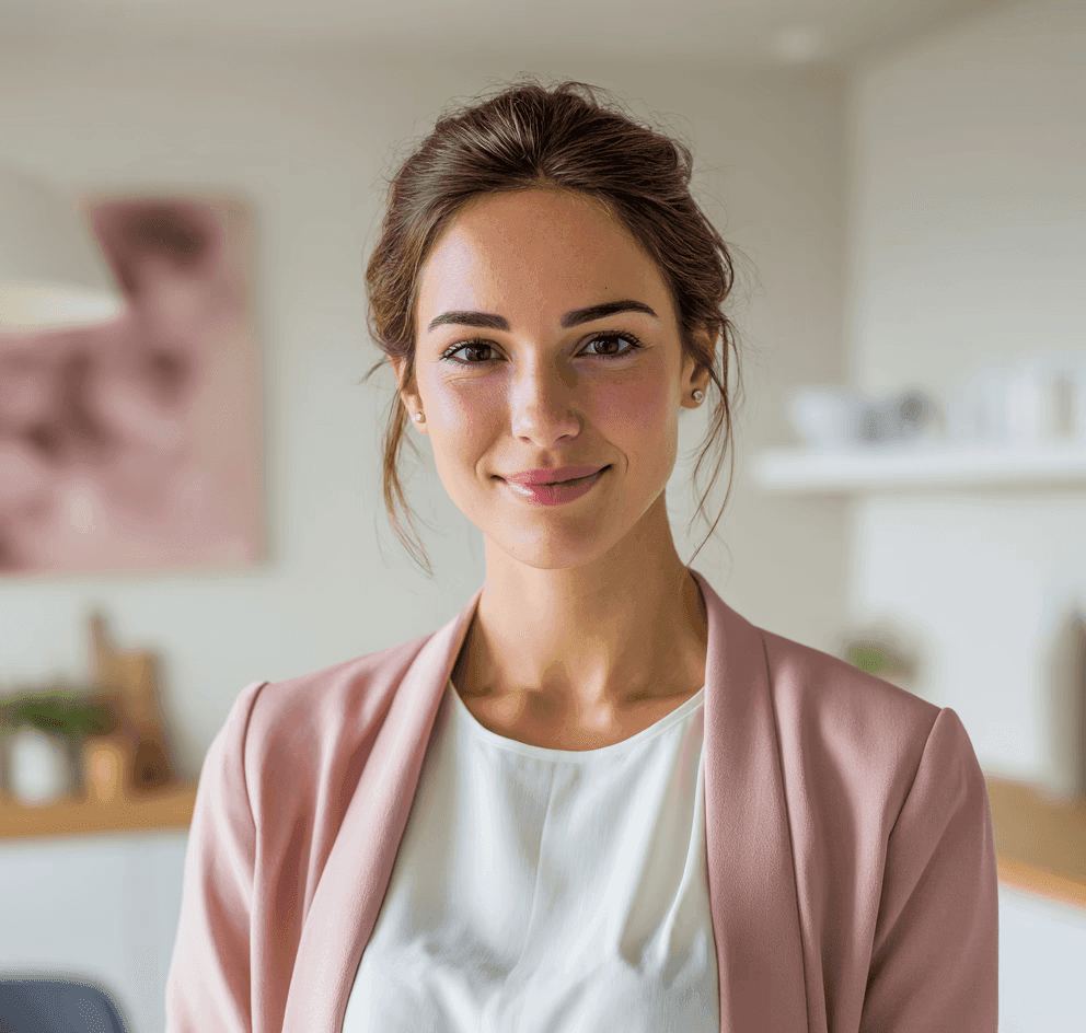 A smiling woman with brown hair wearing a pink blazer and white blouse stands in a modern, softly lit office. The atmosphere is warm and professional.