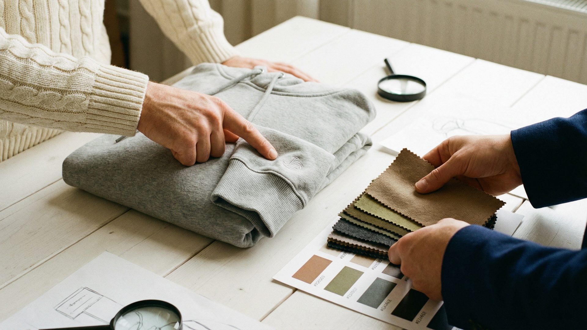 Two sets of hands reviewing a grey hoodie sample and fabric swatches on a white table, with a printed color palette nearby — representing the collaborative partnership between an agency and a full-package apparel partner.