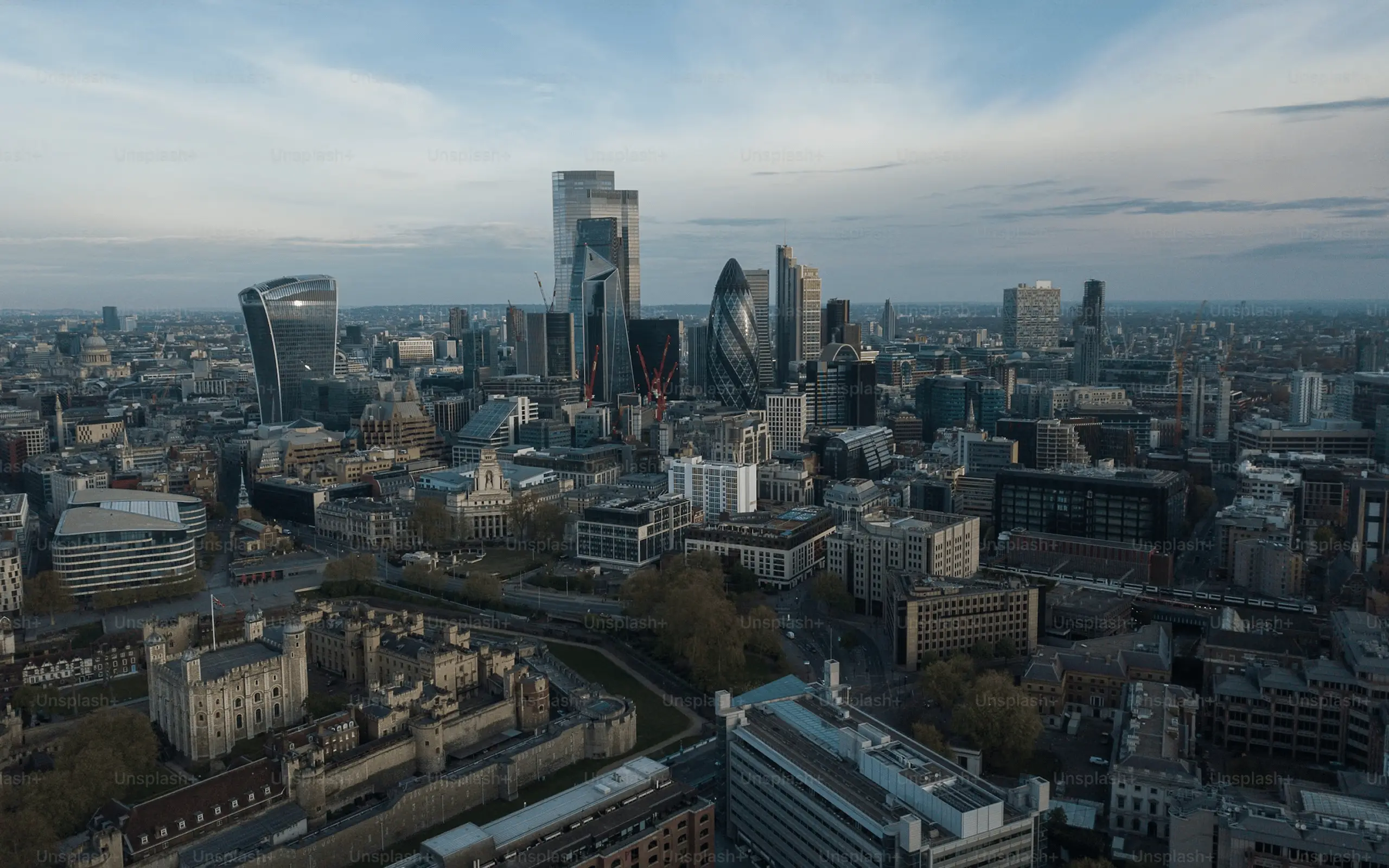 Aerial view of London’s financial district with modern office buildings.