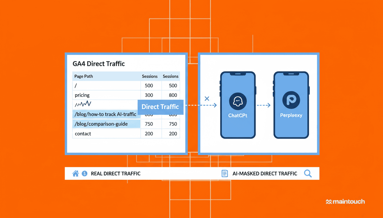Professional analytics illustration showing the concept of hidden AI traffic in direct traffic. Split-screen design: left side shows a GA4 direct traffic report with sessions landing on deep content pages like 