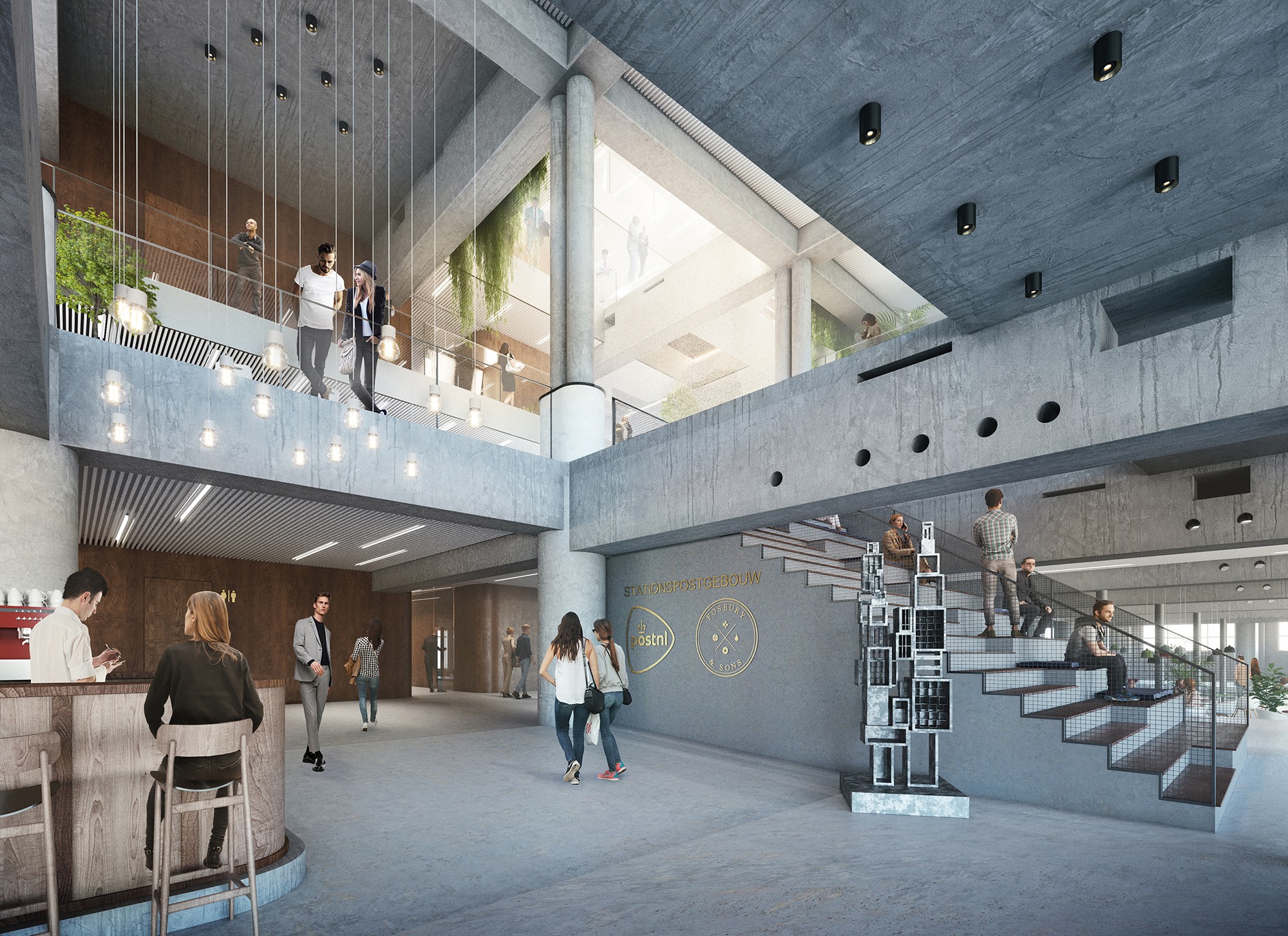 3D view of the entrance area inside the renovated stationspostgebouw