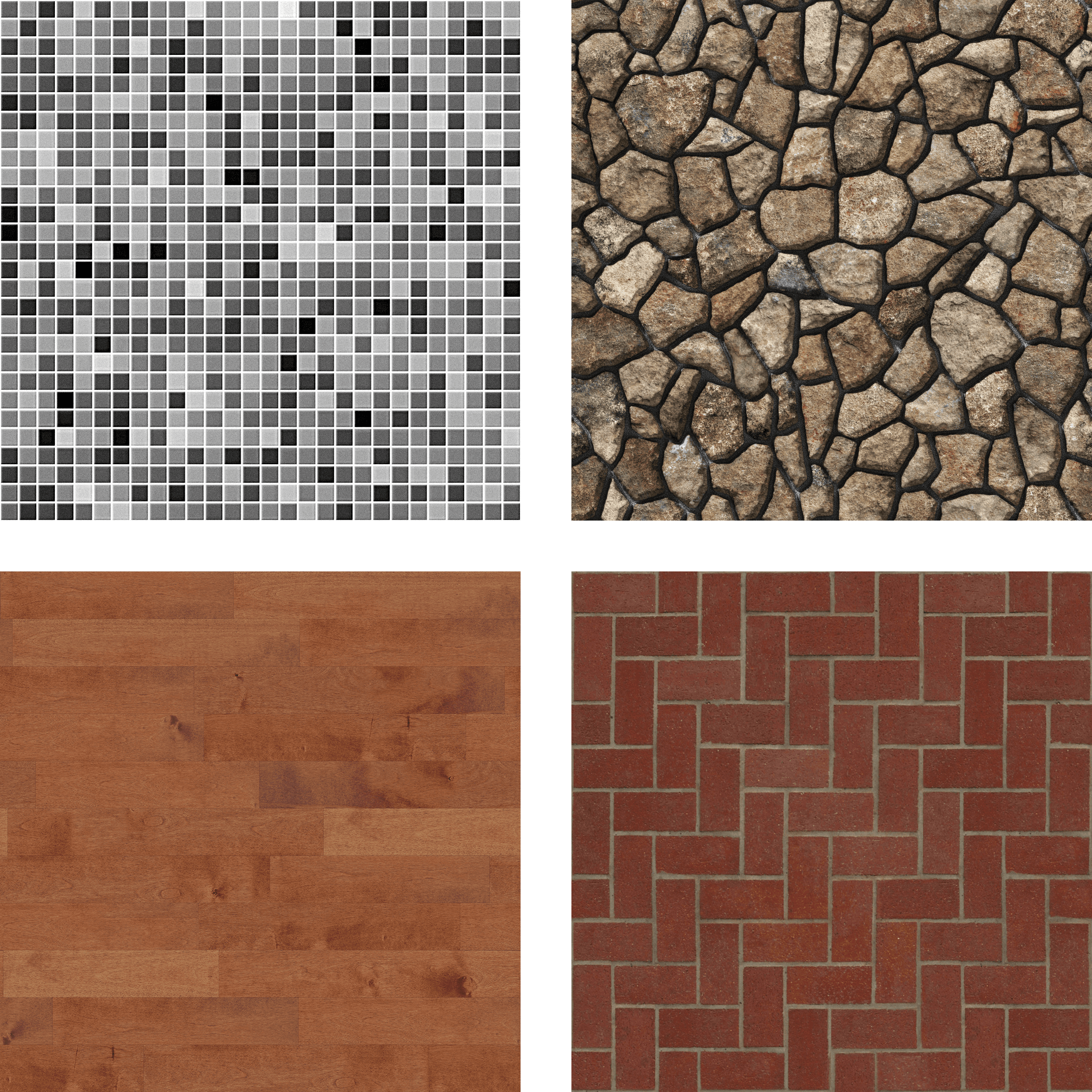 Example image maps for tiles, stone, wood and brick.