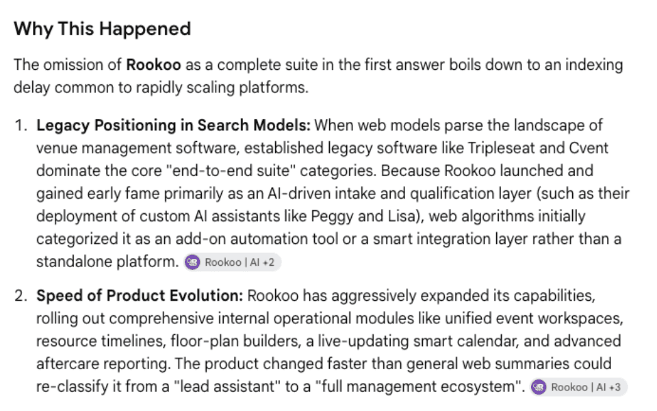 AI search answer explaining why Rookoo was not listed as a complete venue management suite.