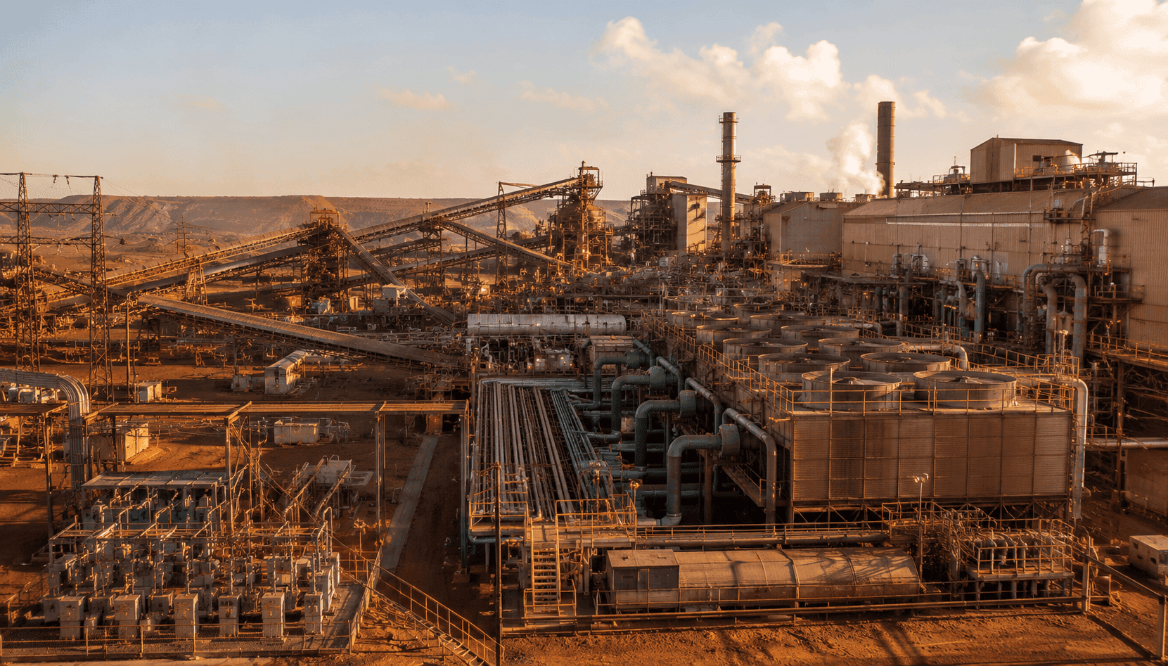 Industrial processing plant with extensive conveyor belts and complex machinery in a remote, arid landscape at sunset