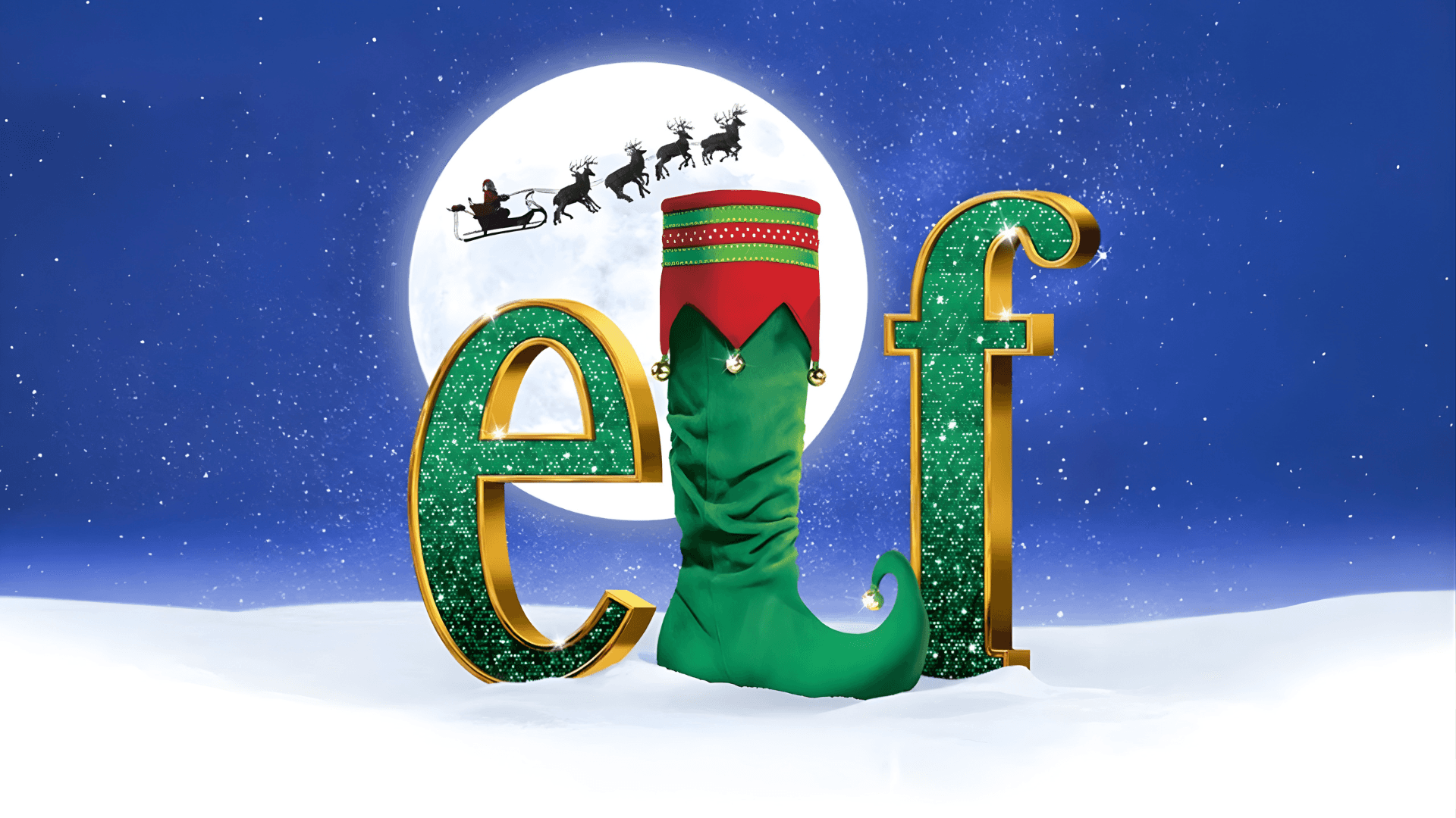 Logotip d'Elf El Musical amb una sabata d'elfa verda i el trineu del Pare Noel sota el cel il·luminat per la lluna.