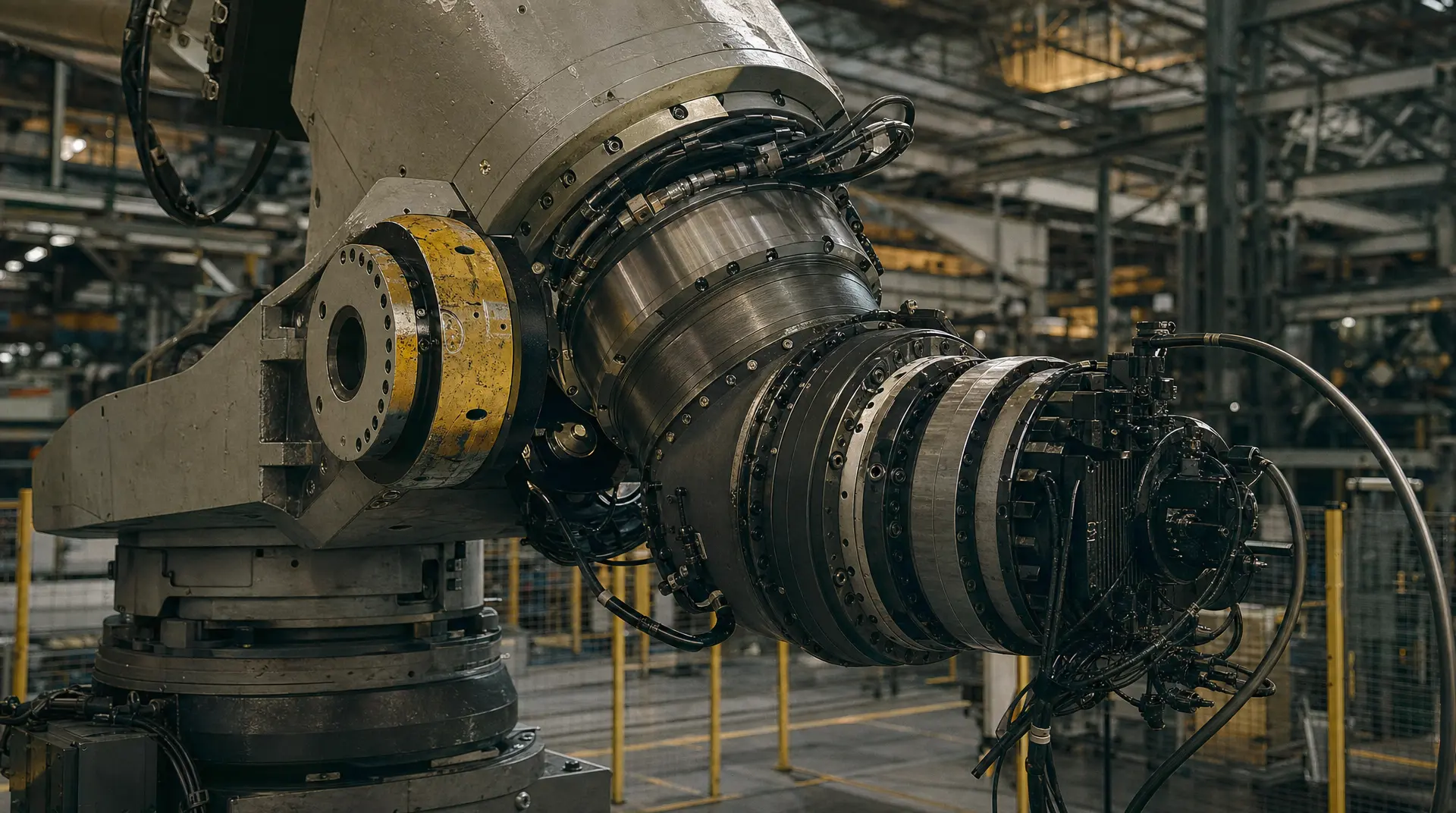 Large metallic space propulsion assembly mounted in a factory bay, with circular port hardware, braided hoses, and control cabling visible. Manufacturing video marketing focused on industrial detail.