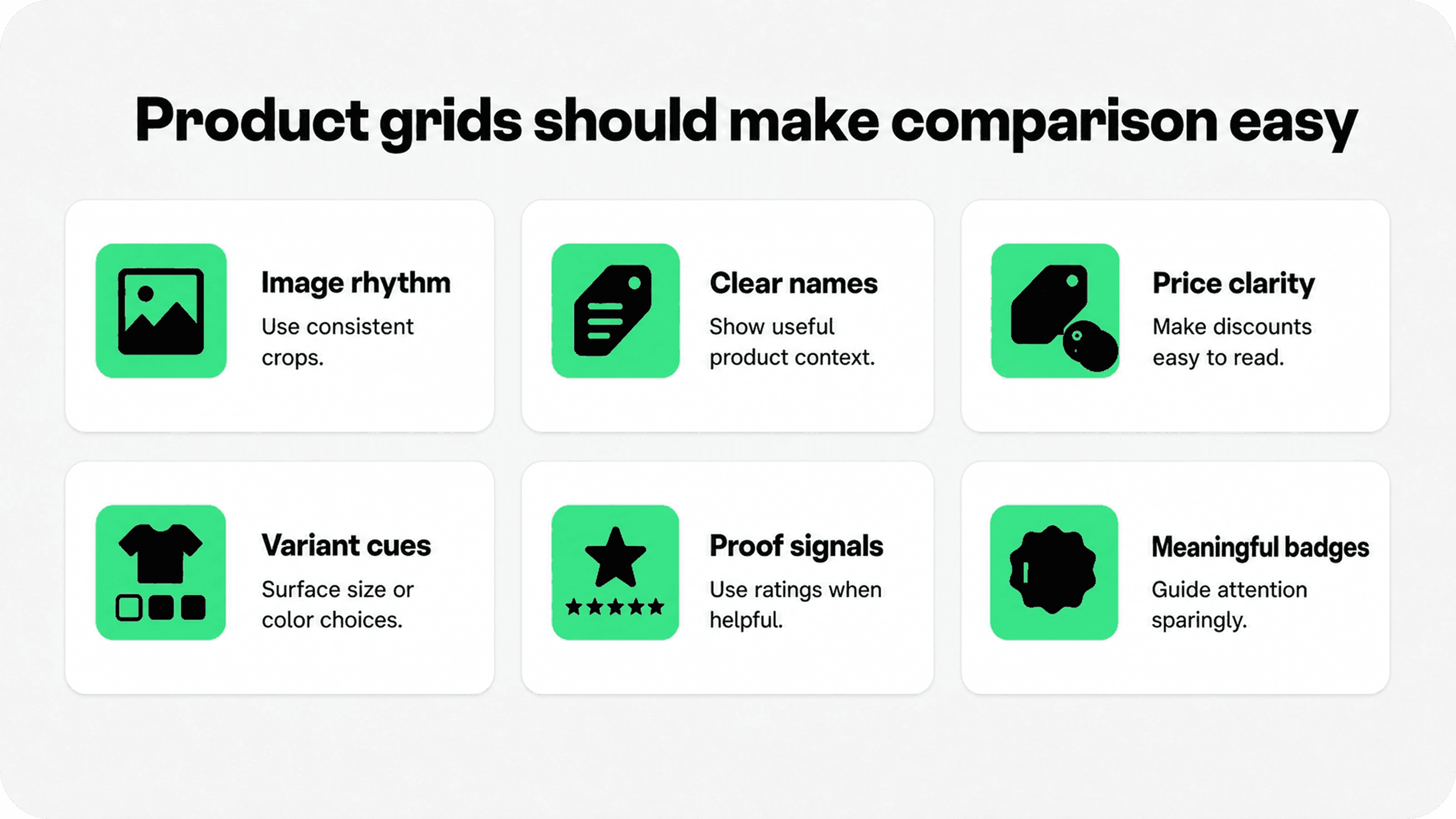 Shopify product grid best practices with consistent imagery, clear product names, pricing, variants, ratings, and meaningful badges.