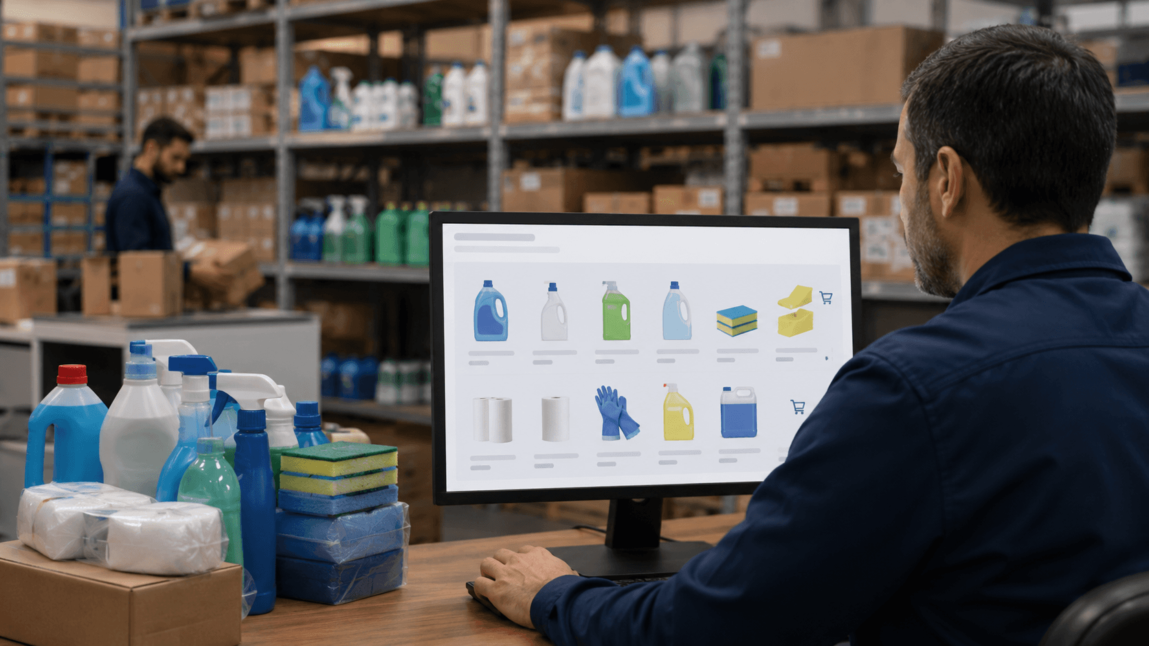 Cena realista em 3D de um centro de distribuição de produtos de higiene e limpeza. Em primeiro plano, um gestor utiliza um computador com catálogo digital de produtos de limpeza, enquanto embalagens, galões, papéis e esponjas estão organizados sobre a mesa. Ao fundo, prateleiras cheias de caixas e produtos armazenados em estoque. O ambiente transmite uma operação B2B digitalizada, com foco em pedidos recorrentes, organização comercial e eficiência operacional. Sem textos visíveis na imagem.