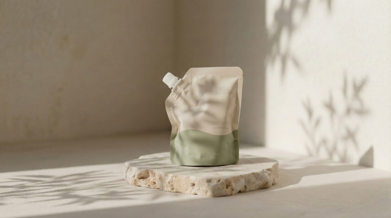 A minimalistic beige and green pouch with a spout sits on a textured stone slab. Soft shadows of leaves play on the wall, creating a calm, natural ambiance.