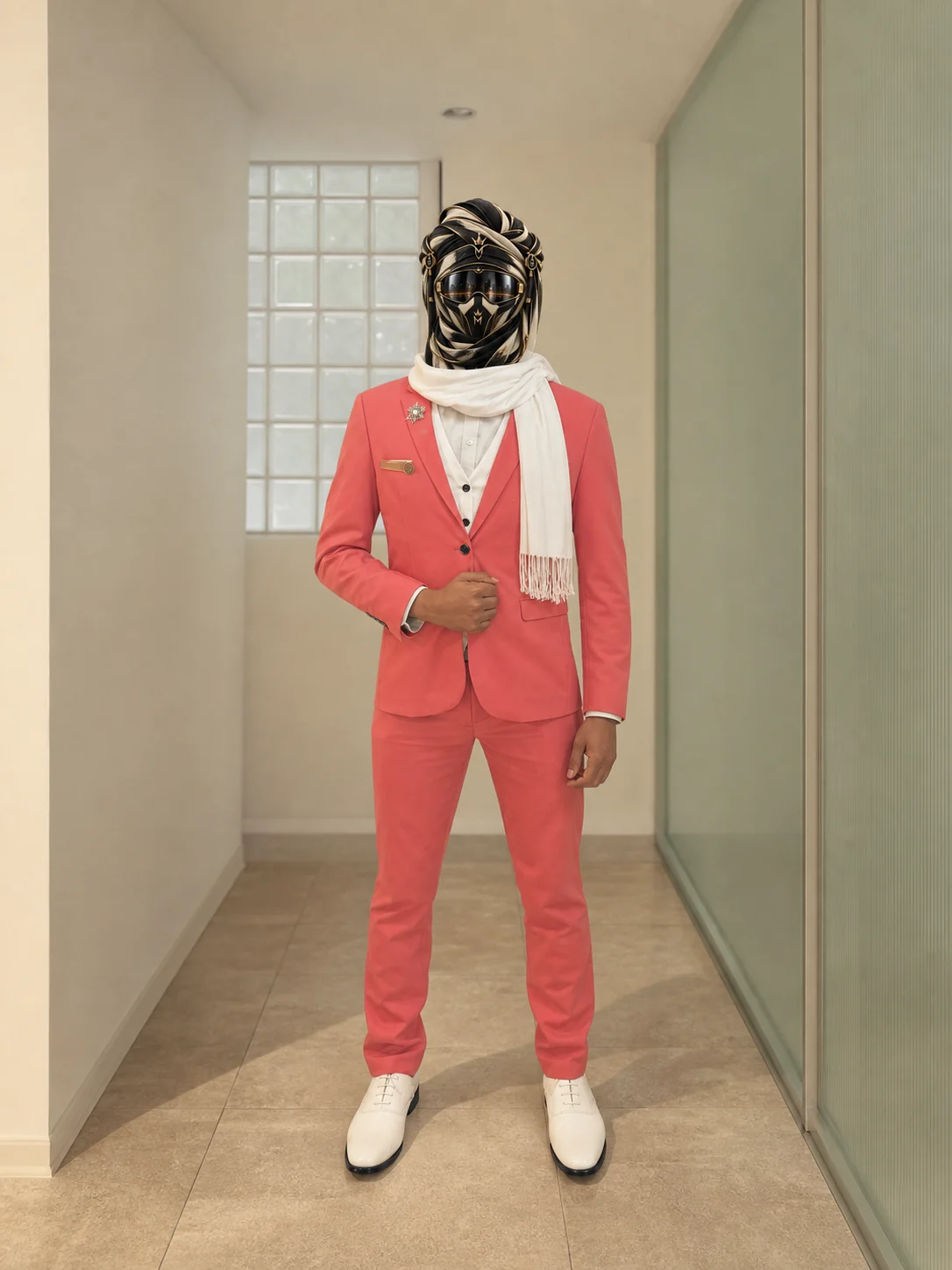 Full-length view of Coral with a White Scarf, a coral two-piece suit worn with a long white scarf and black shoes, with the official Marzelest face covering.