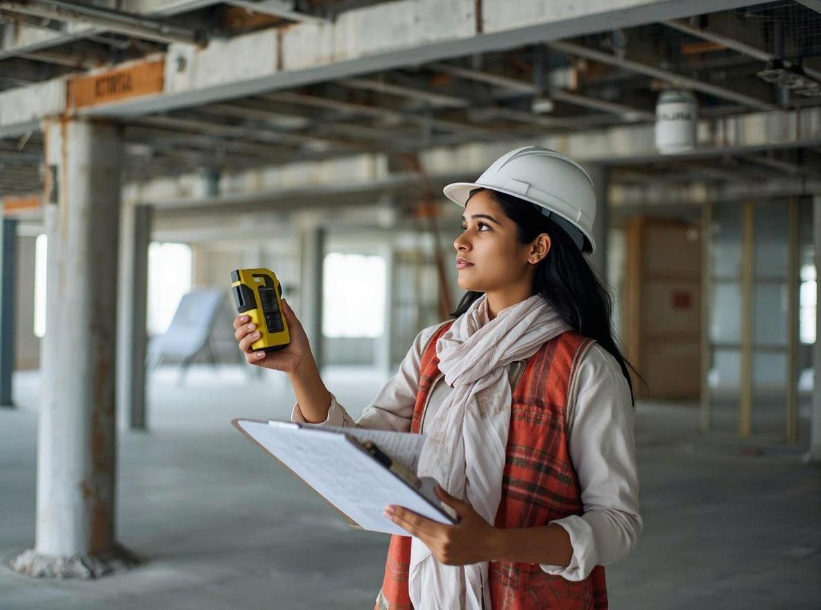 Architect carrying out a measured survey inside a commercial building