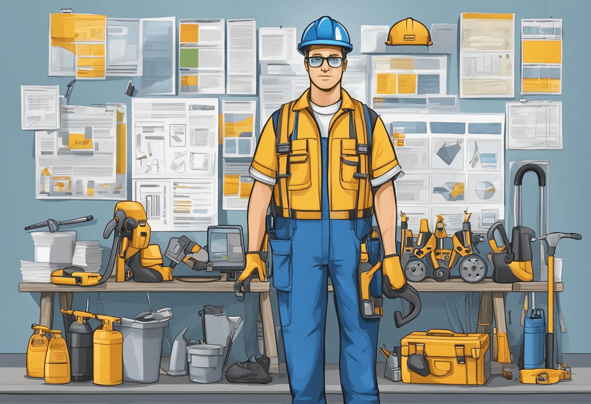 A blue-collar worker stands in front of a wall covered in posters and safety guidelines, surrounded by tools and equipment