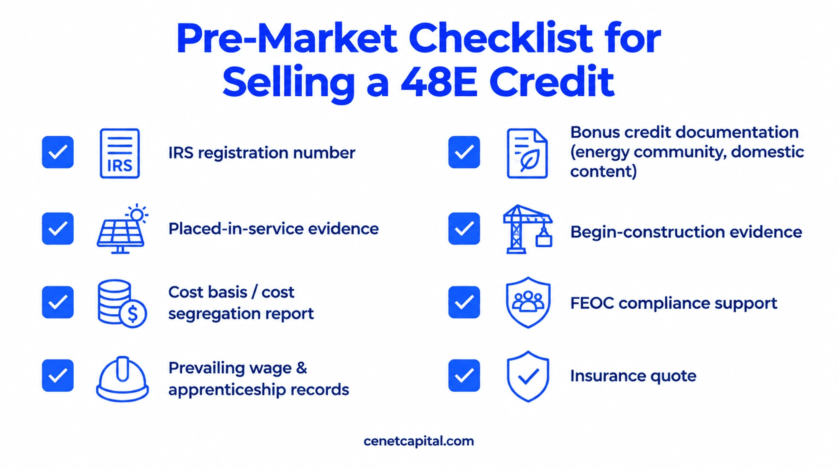 pre-market checklist for selling a 48E tax credit