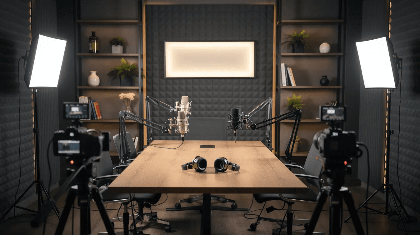 Plateau de podcast professionnel équipé de plusieurs caméras et d'un décor soigné — capturer des échanges dynamiques