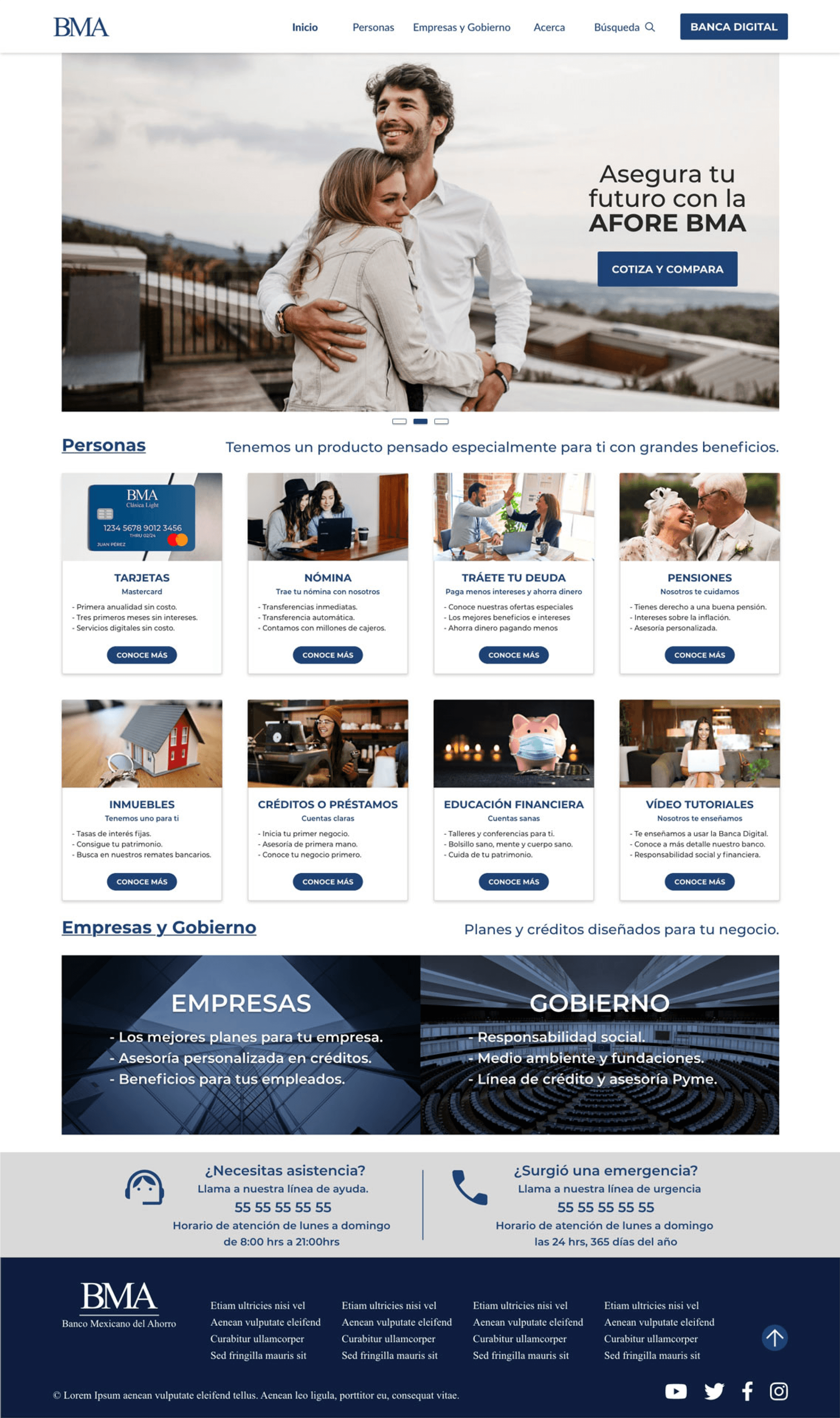 Maqueta de alta fidelidad del portal del Banco Mexicano del Ahorro para escritorio; diseñada para la segunda fase de pruebas de usabilidad con el fin de validar el diseño visual final, la accesibilidad y la eficacia de la navegación compleja.