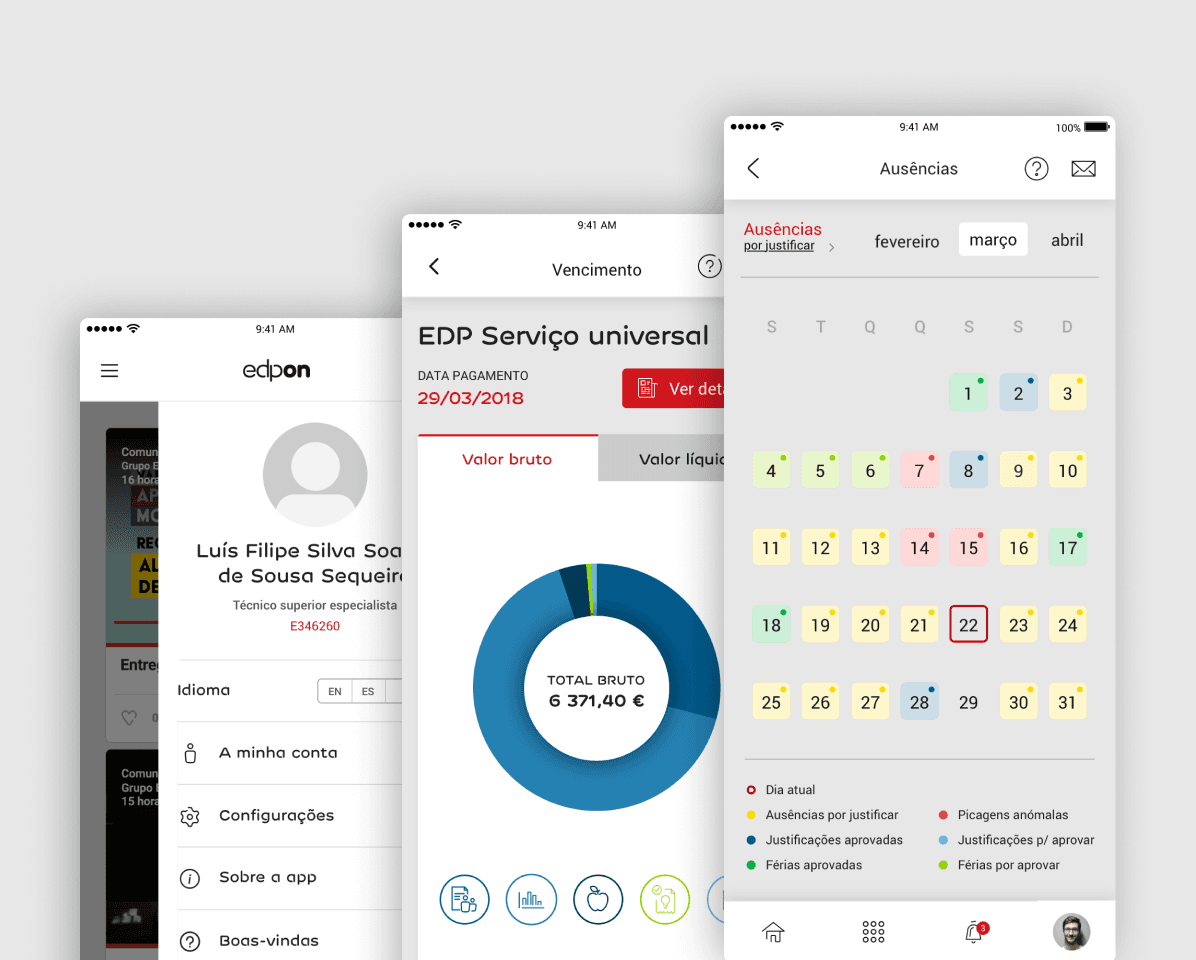 Three screens from the EDP on employee app showing profile, payslip, and absence calendar.