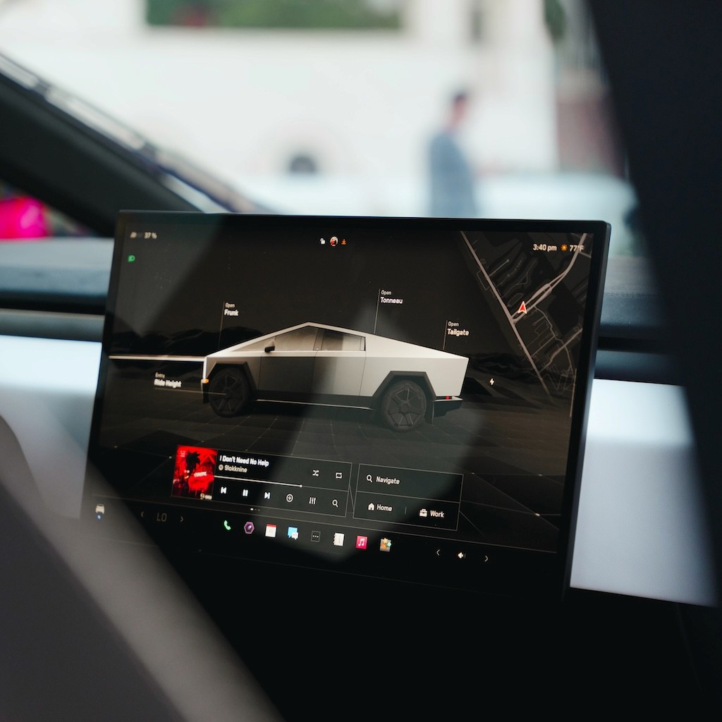 Tesla touchscreen interface displaying vehicle settings inside the Cybertruck Cyberbeast rental.