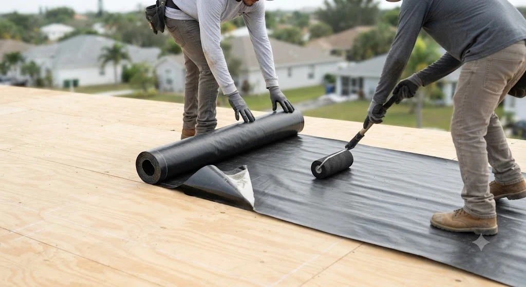 Self-adhered secondary water barrier being installed over a roof deck in Broward County