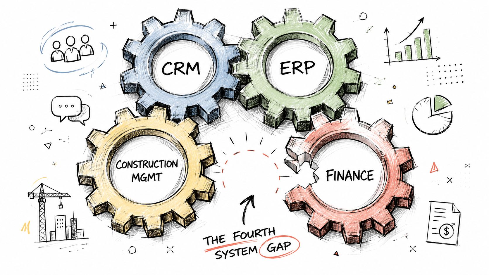 A hand-drawn illustration showing gears labeled CRM, ERP, Construction Mgmt, and Finance, highlighting a gap in integration.