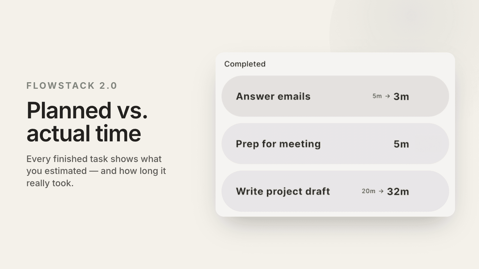 FlowStack feature showing how long a task was planned to take vs how long it actually took. Seen when you complete a session