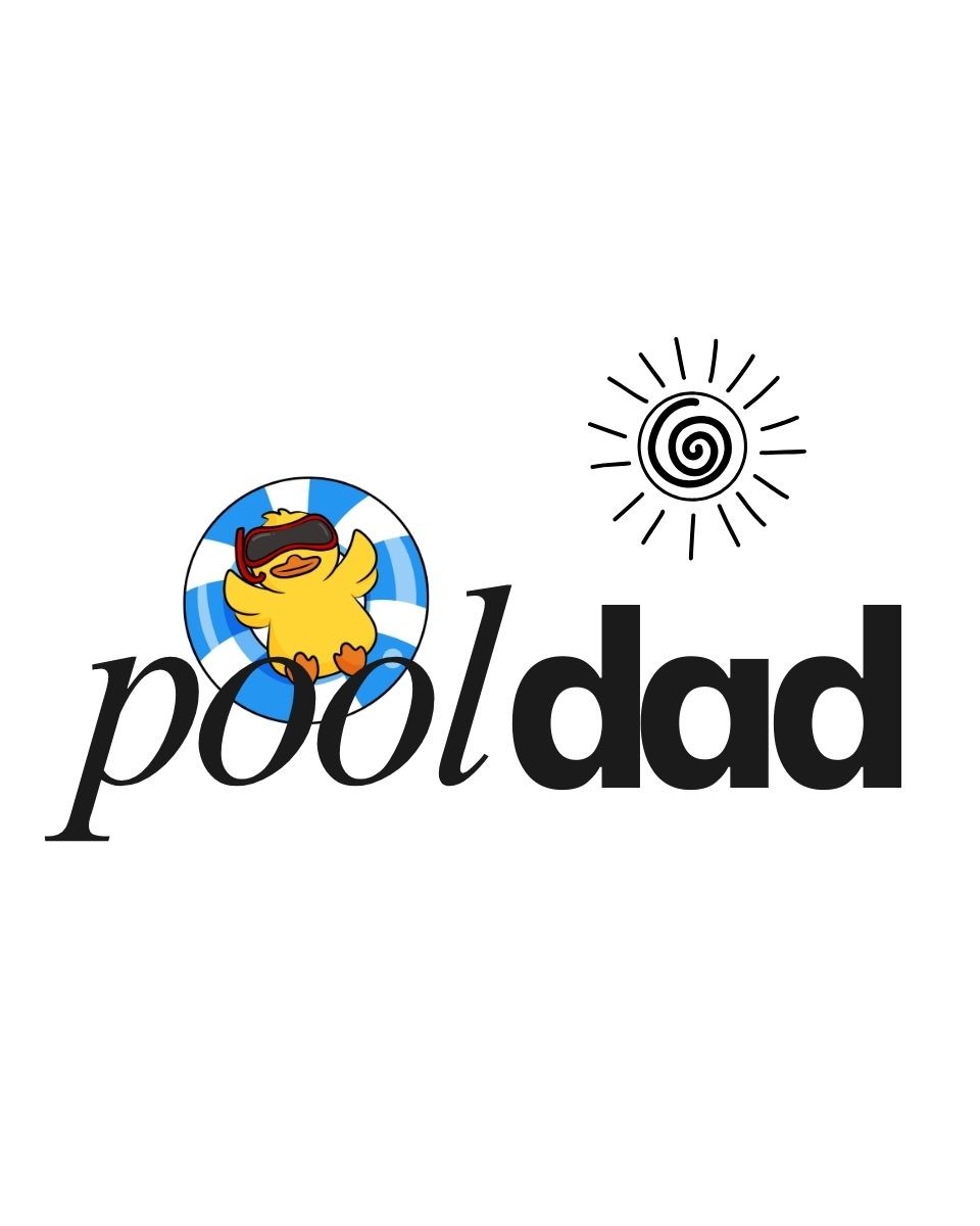 "Pool Dad" design features a cartoon duck in a pool float with goggles, accompanied by a sun graphic.