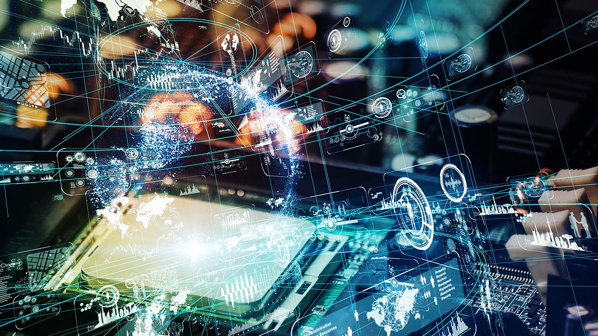 A high-tech digital background featuring abstract patterns, circuits, and glowing elements in blue and green tones.