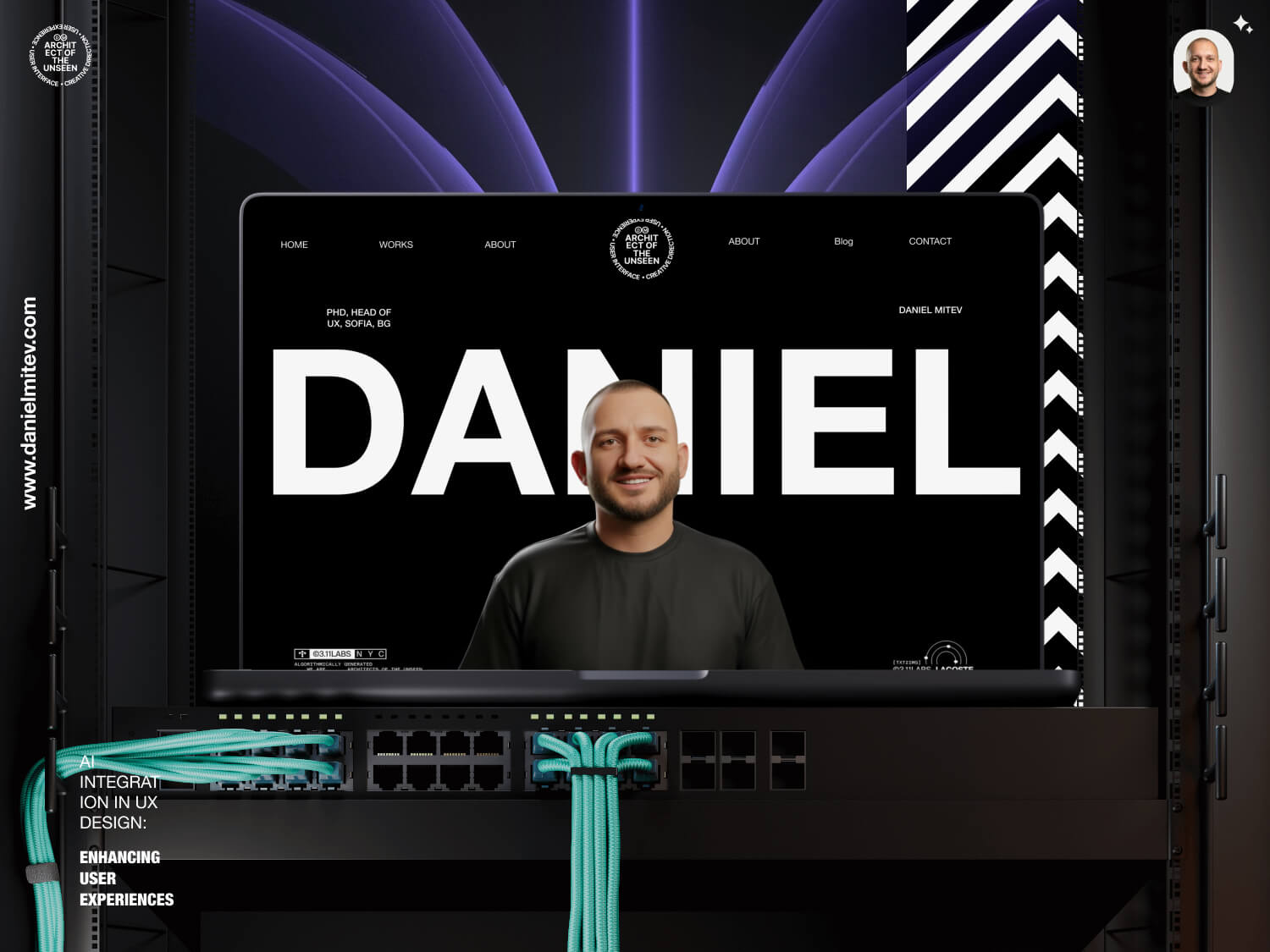 Daniel Mitev UX designer website displayed on screen above network hardware, representing AI infrastructure, system design, and scalable digital experiences