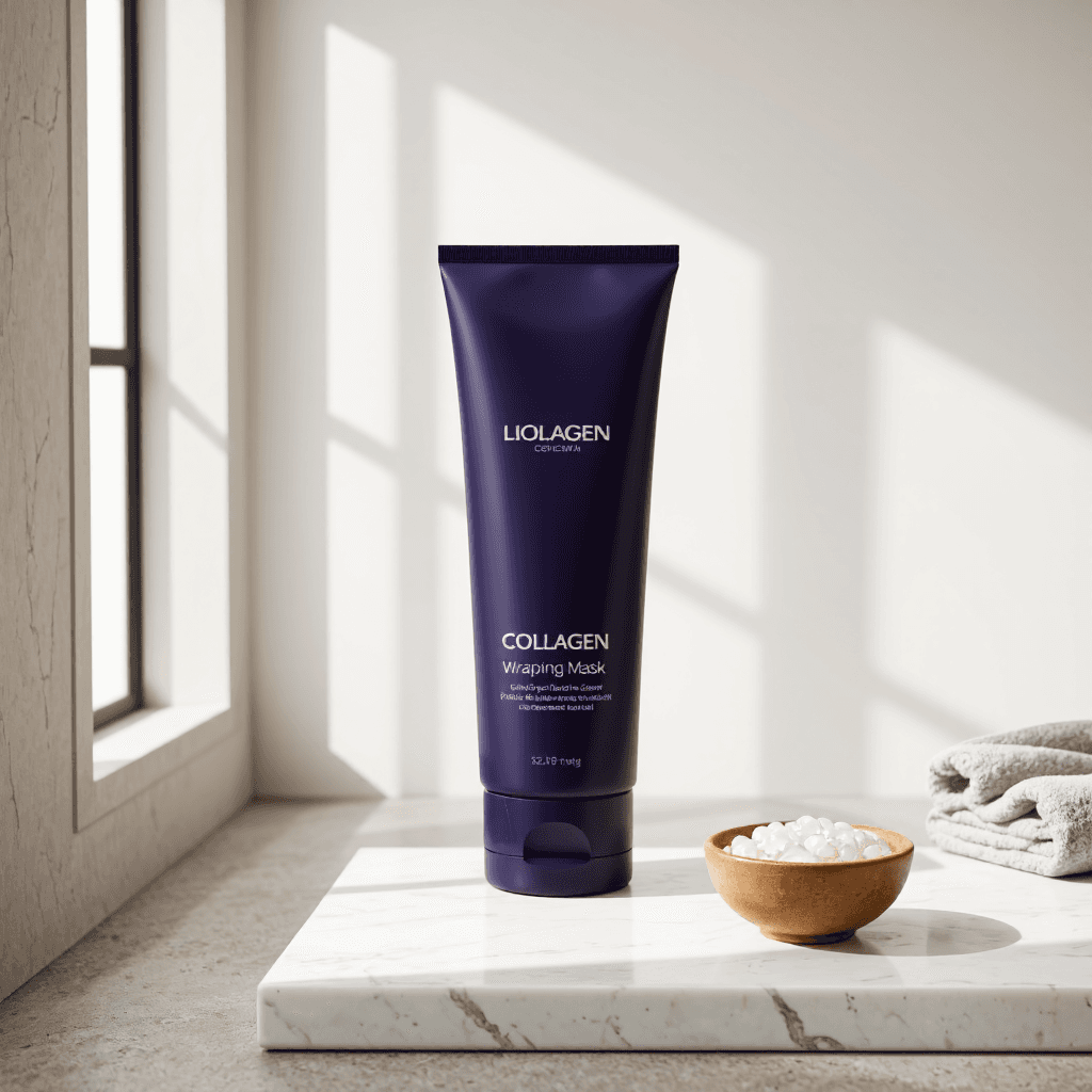 product photography of tube of collagen wrapping mask