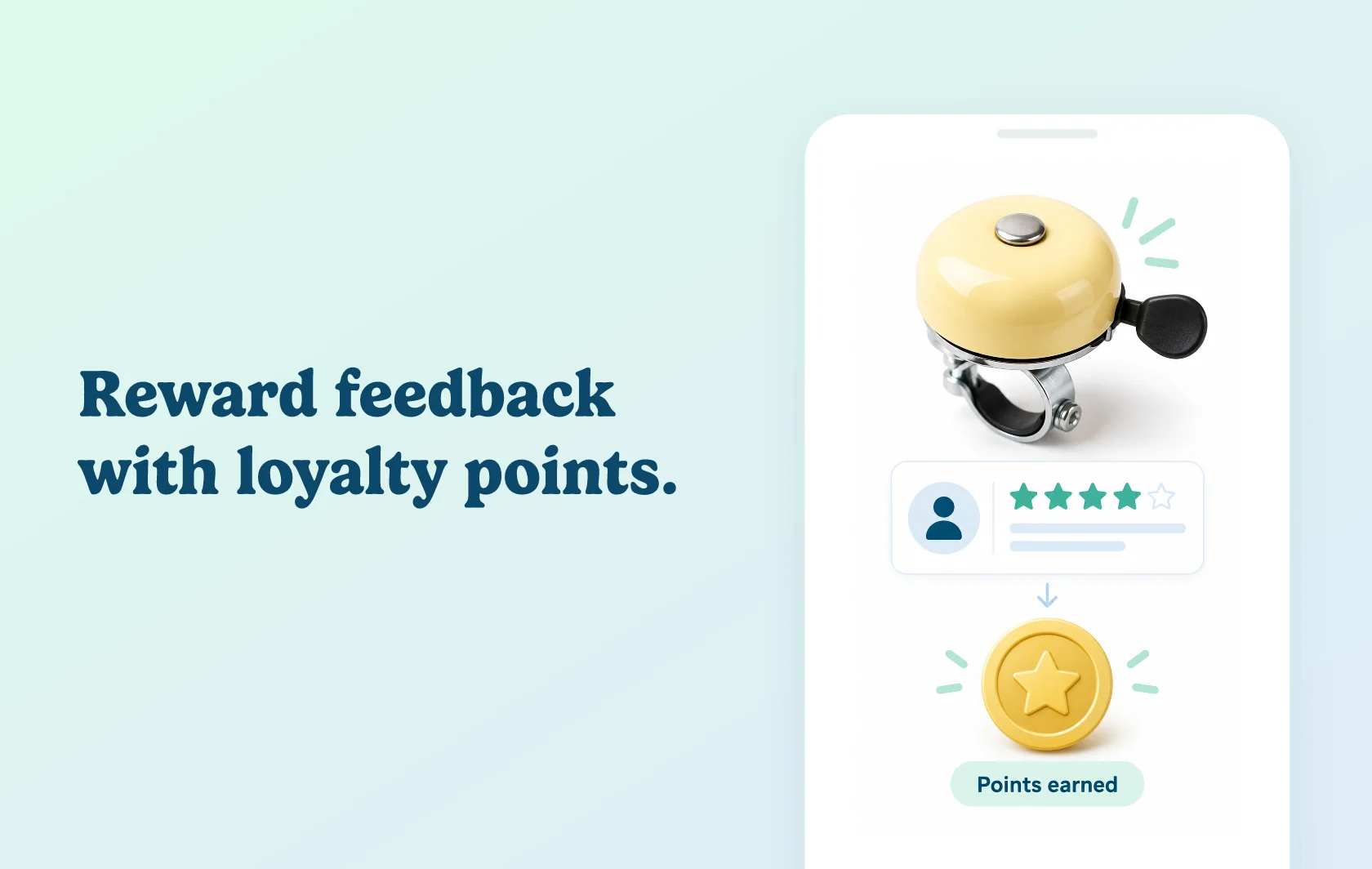 Judge.me and Gratisfaction integration: illustration of a bicycle-bell review leading to loyalty points under a configured reward rule.