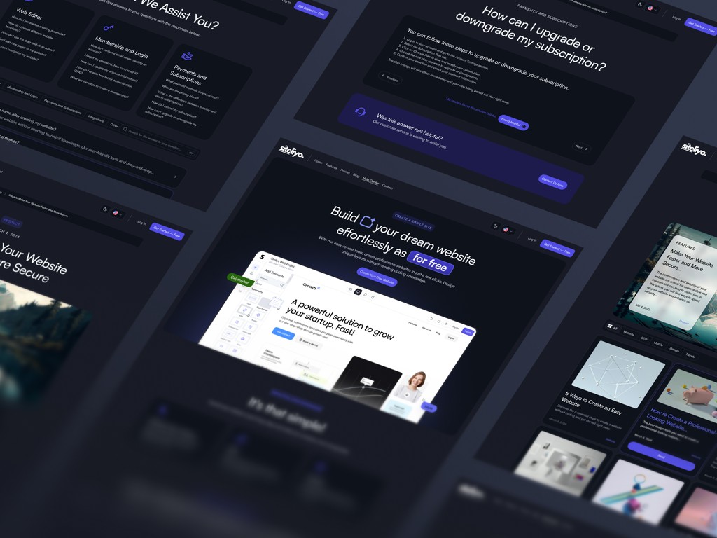 Dark-themed help center, blog, and support pages of Siteliyo featuring UI cards and content blocks with purple CTA buttons