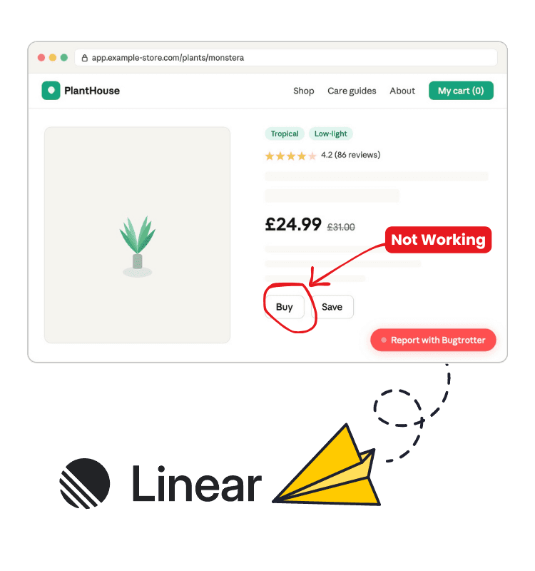 Customer reporting a broken checkout button by sending a Bugtrotter video report directly to Linear