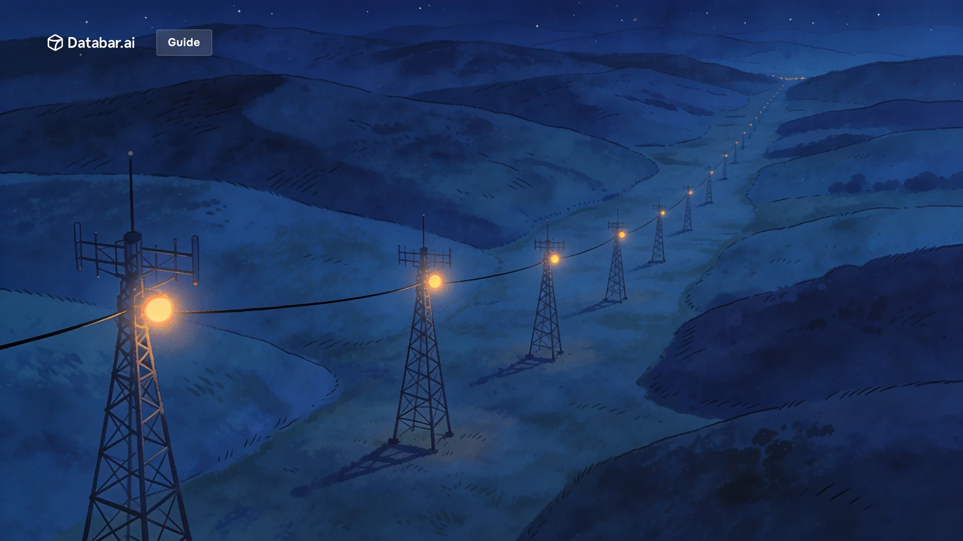 B2B contact data and mobile numbers, illustrated as a valley at night carrying a line of relay masts joined by a single cable