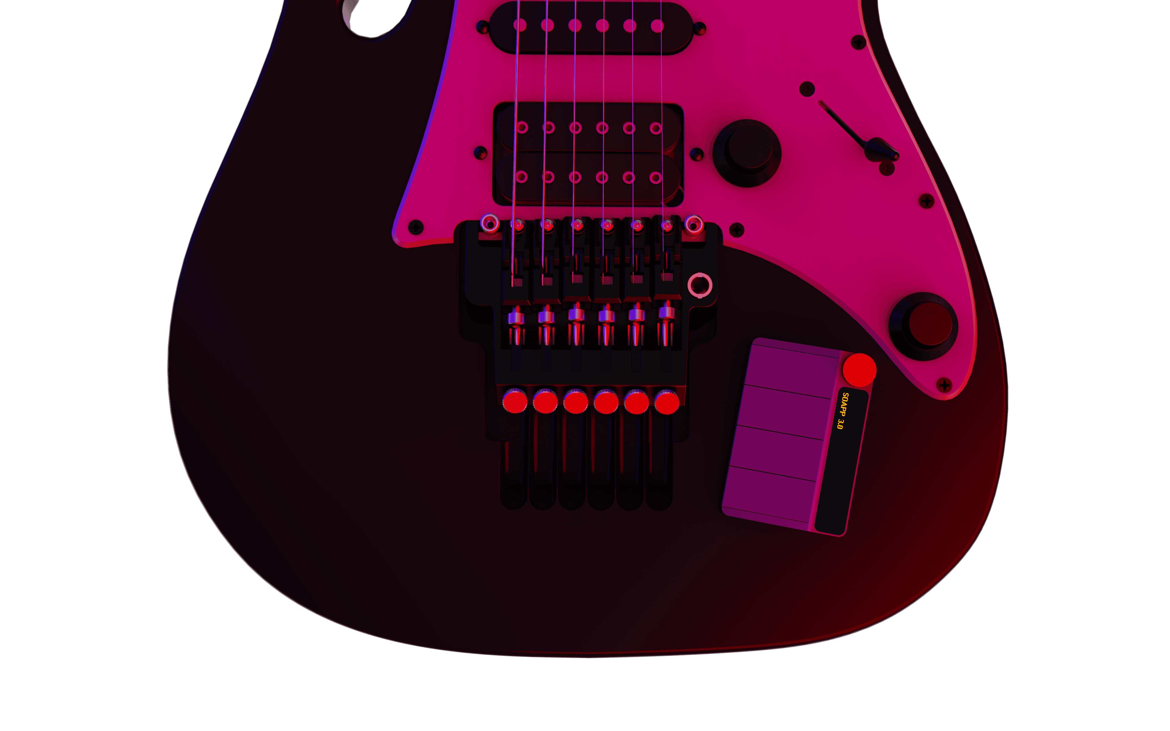 The Riff Link in use, mounted on an electric guitar in neon pink lighting.