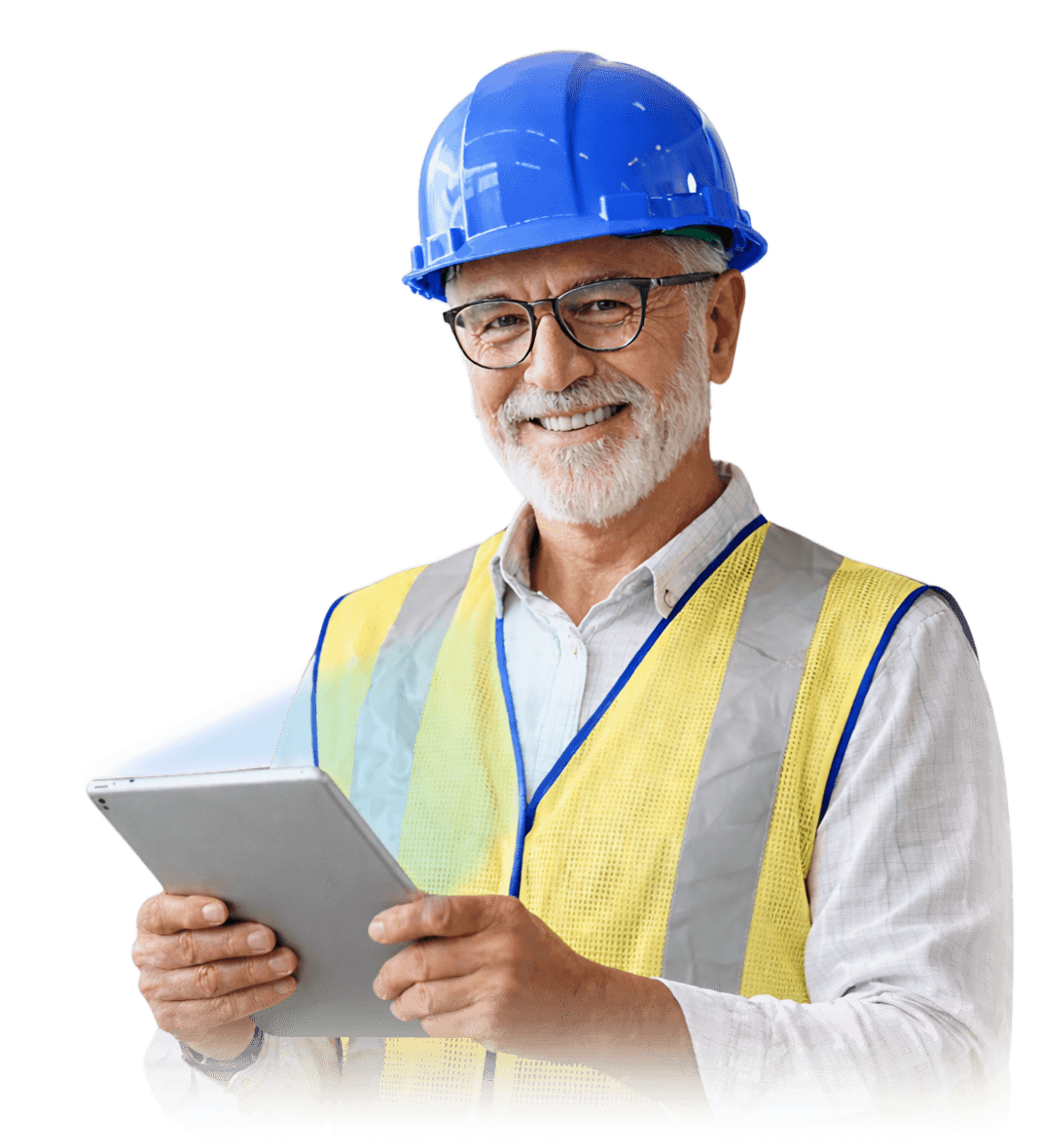 Egineer smiling with a tablet 
